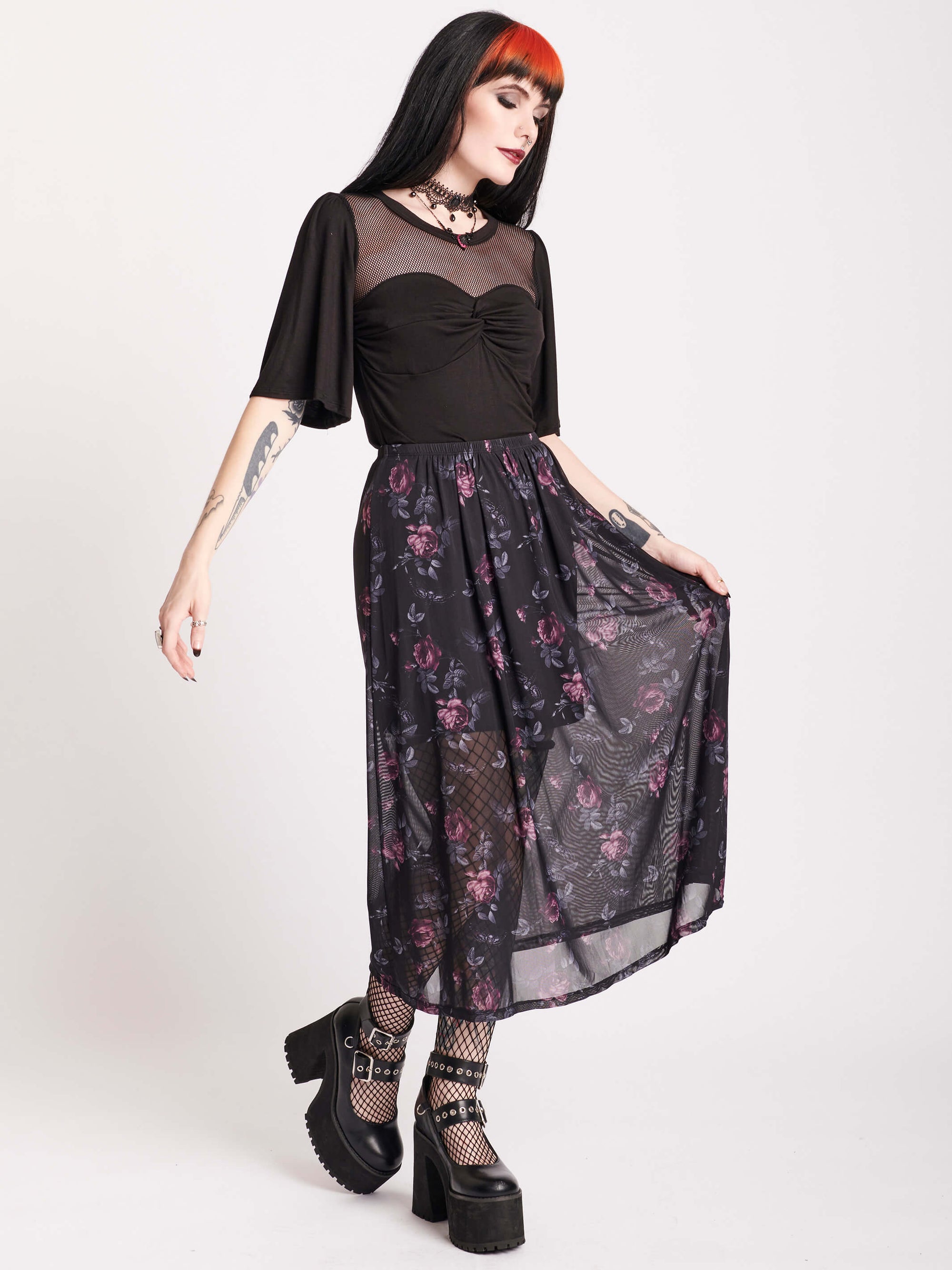 Floral Print Mesh Skirt