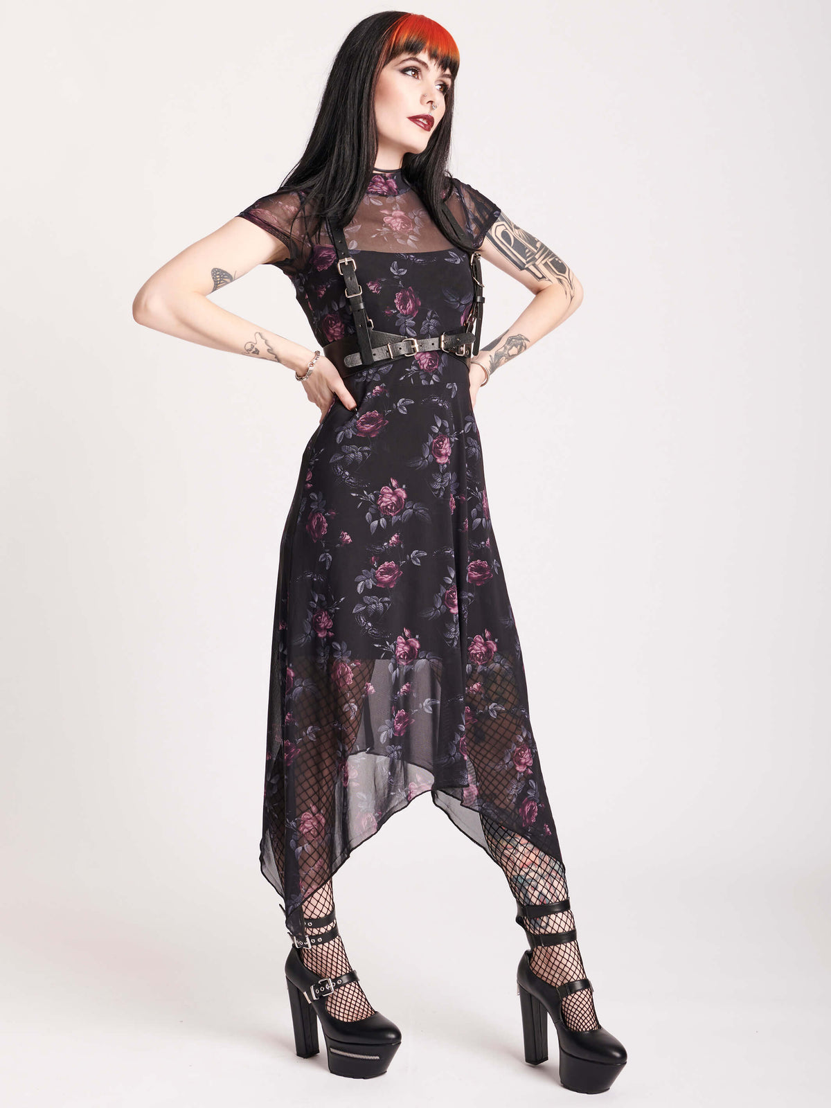 floral print on mesh dress with slip built in