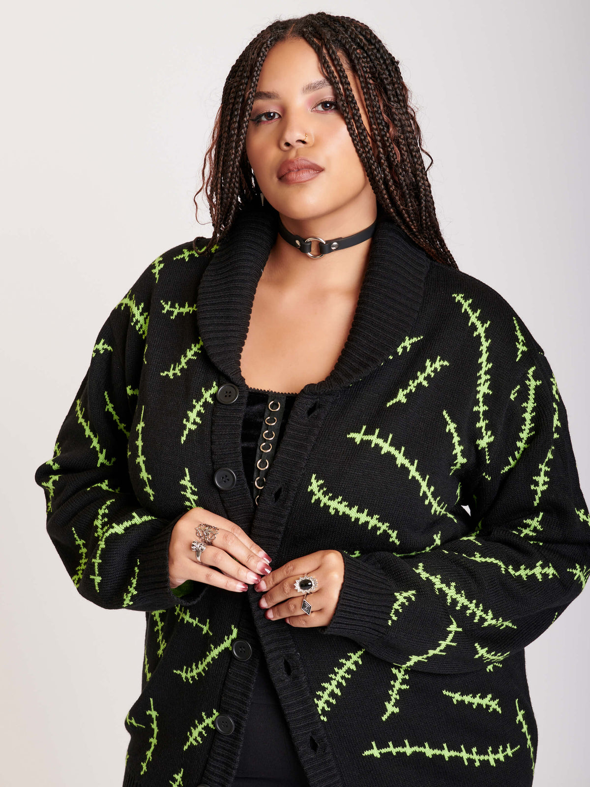 Cardigan with shawl collar and green stitch pattern