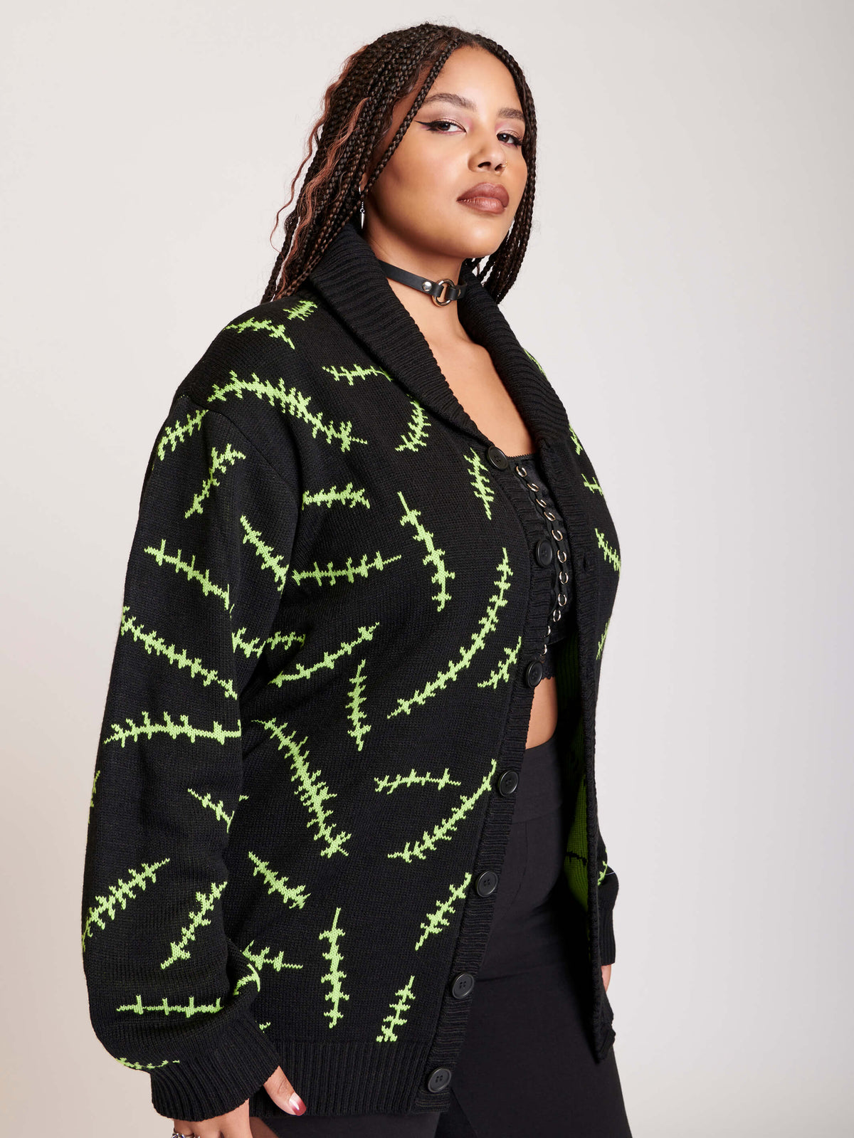 Cardigan with shawl collar and green stitch pattern