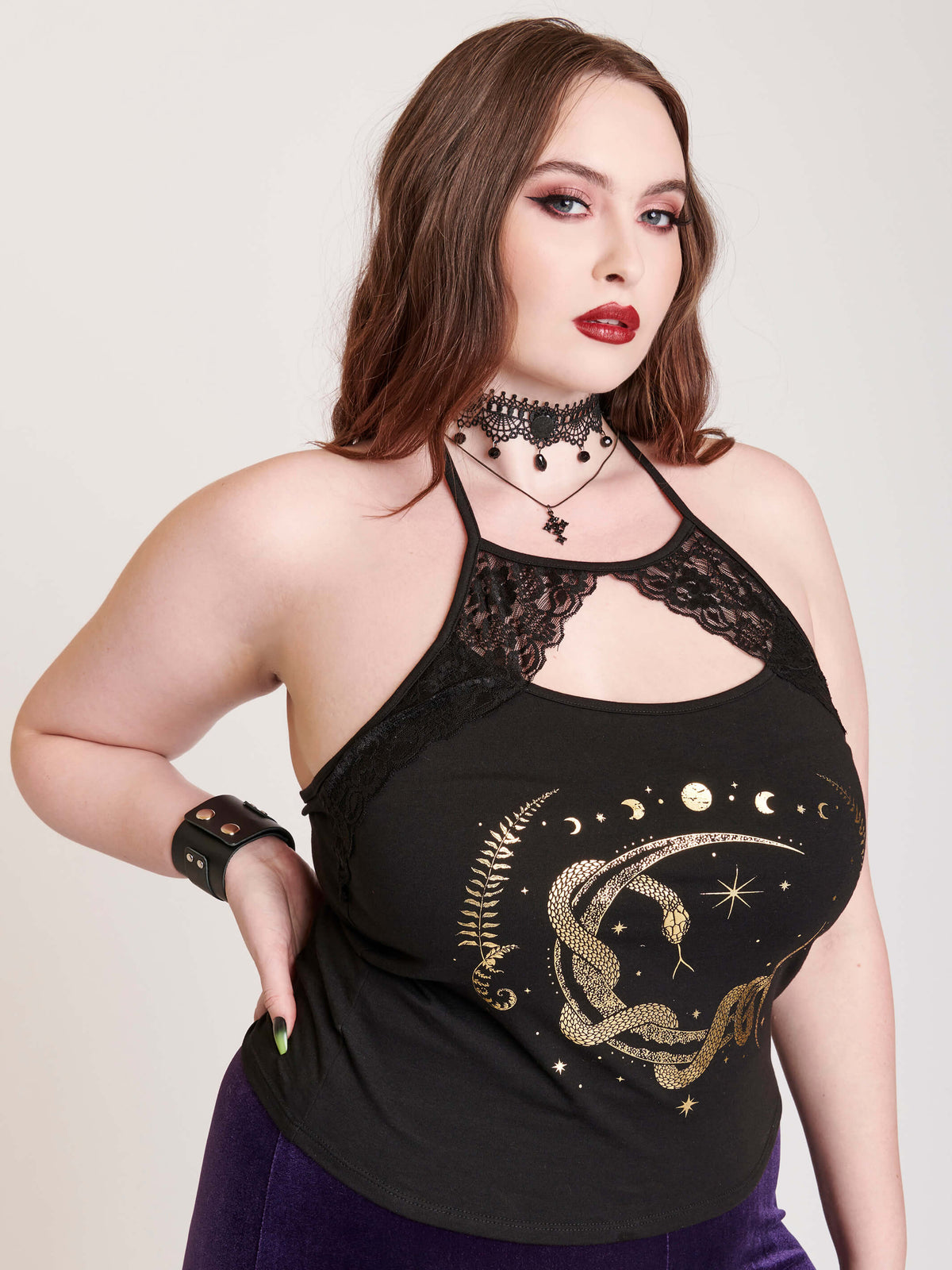 halter with lace and gold foil graphics