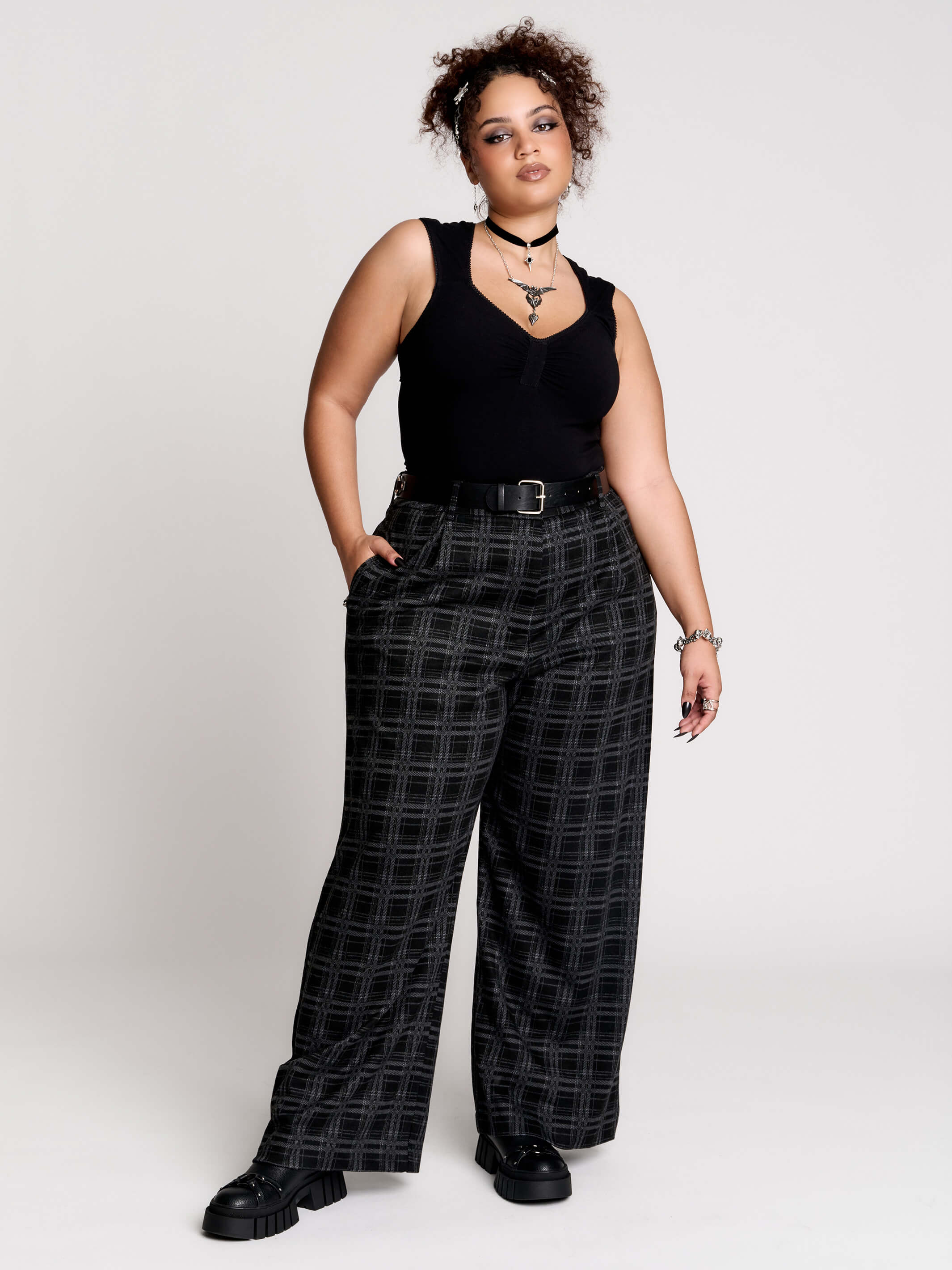 Grey Plaid Trouser by Midnight Hour – High-Waisted Wide Leg Work