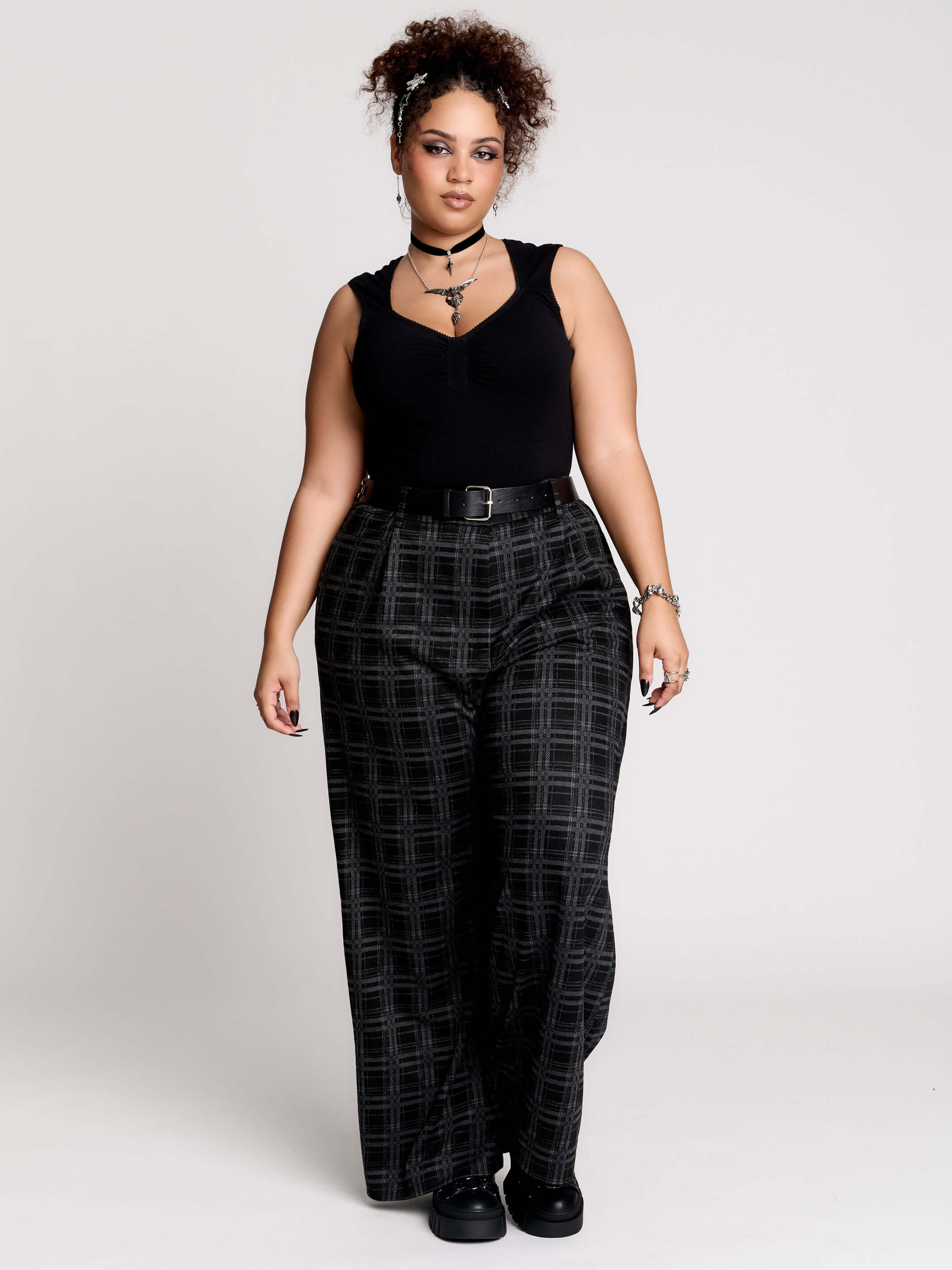 Grey Plaid Trouser by Midnight Hour – High-Waisted Wide Leg Work