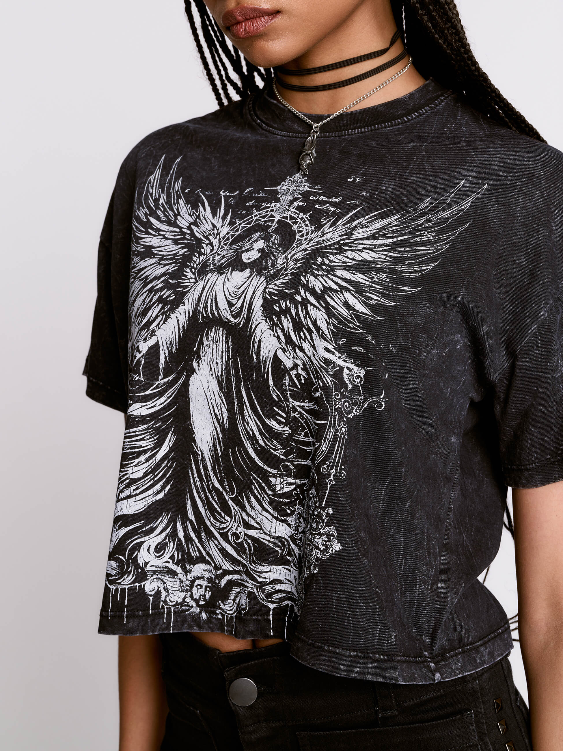 Gothic Angel Cropped Mineral Wash Tee – Midnight Hour