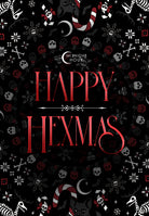 A Halloween-themed graphic design featuring the text 'HAPPY HEXMAS' in a stylized red serif font, with 'Crazy Nights Hour' written above it. The background is black and decorated with a repeating pattern of white and red skulls, snowflakes, candy canes, and occult symbols.