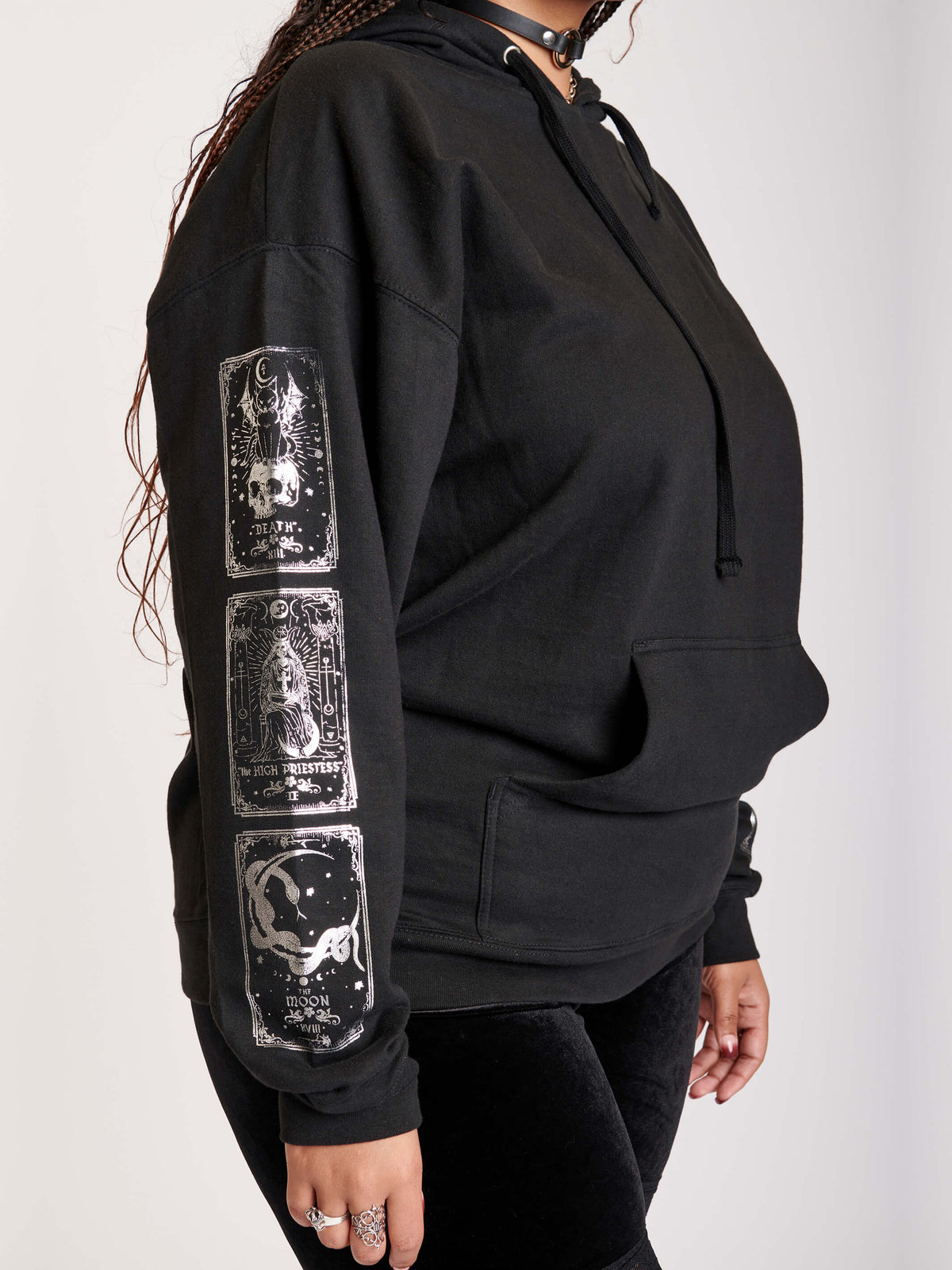 Black hoodie with silver back and arm graphics