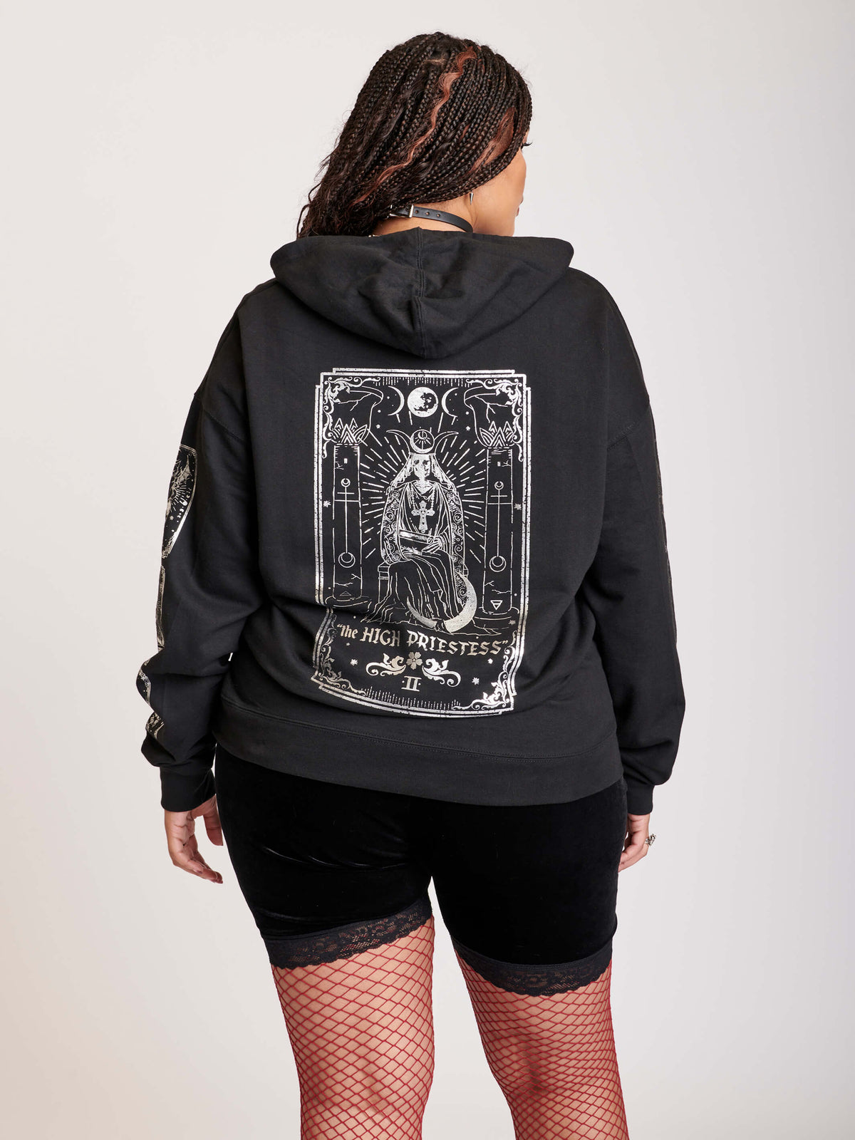 Black hoodie with silver high priestess back and arm graphics
