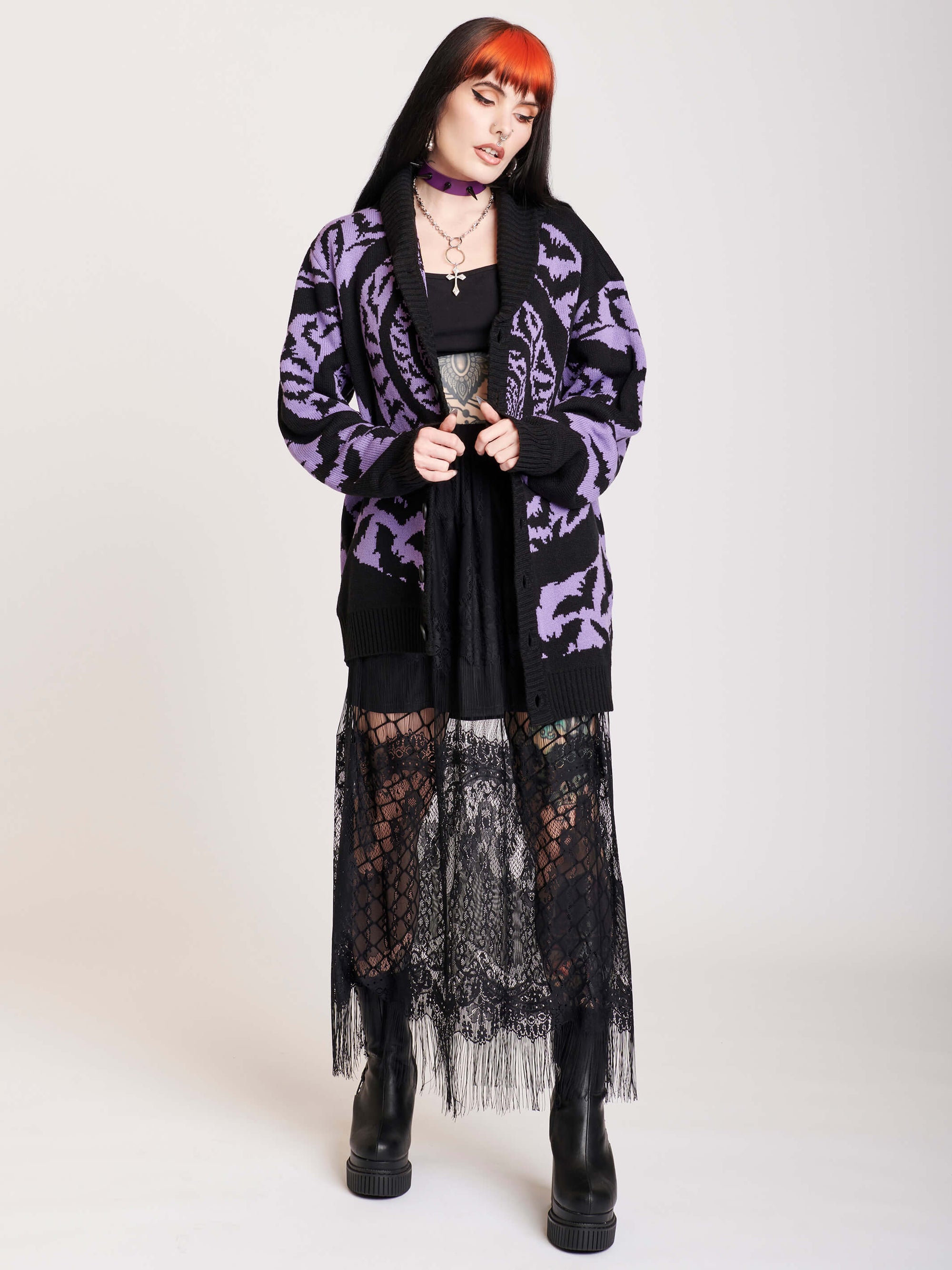 shawl collar cardigan with purple swirl and black bats in flight print