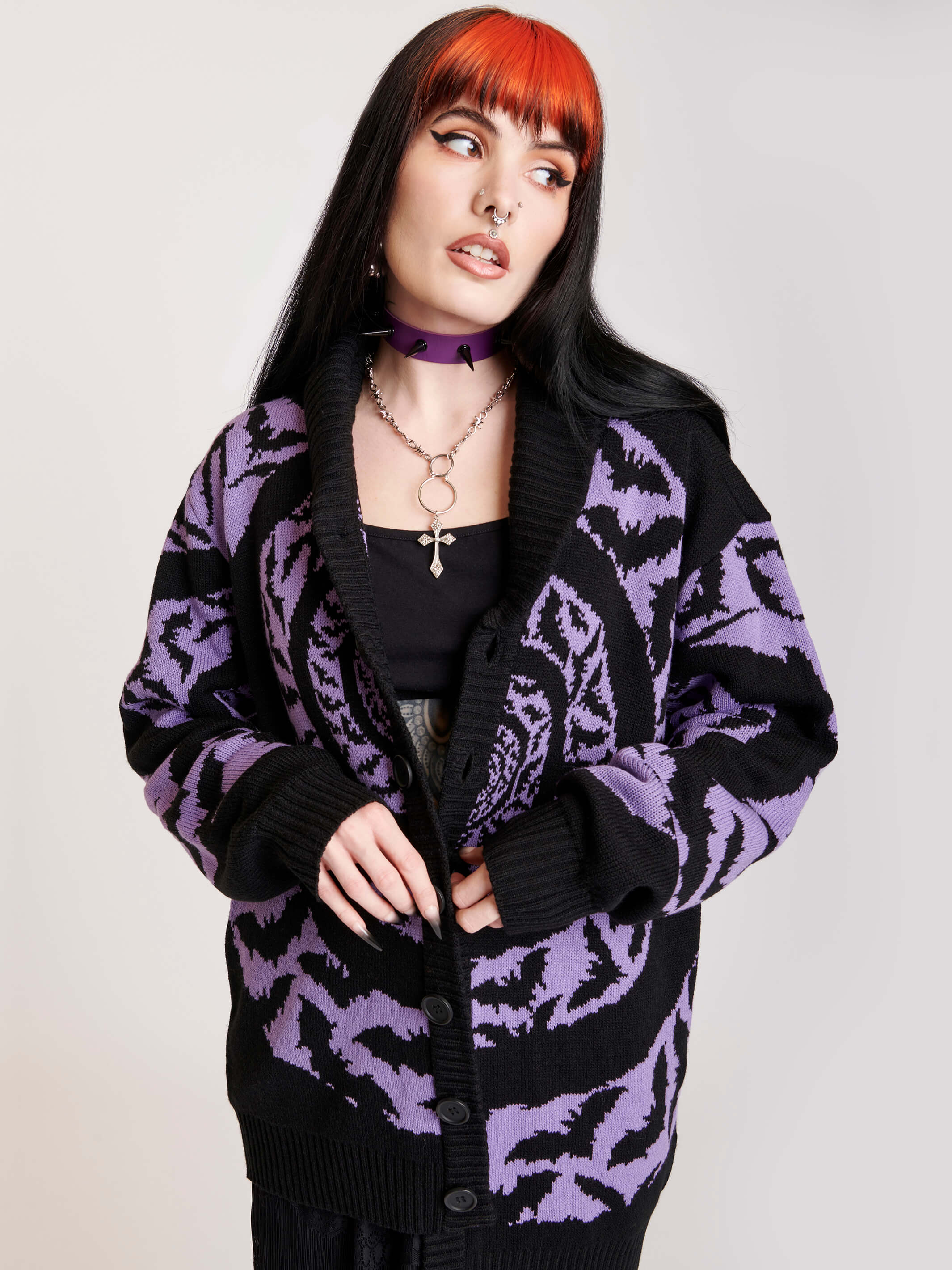 shawl collar cardigan with purple swirl and black bats in flight print
