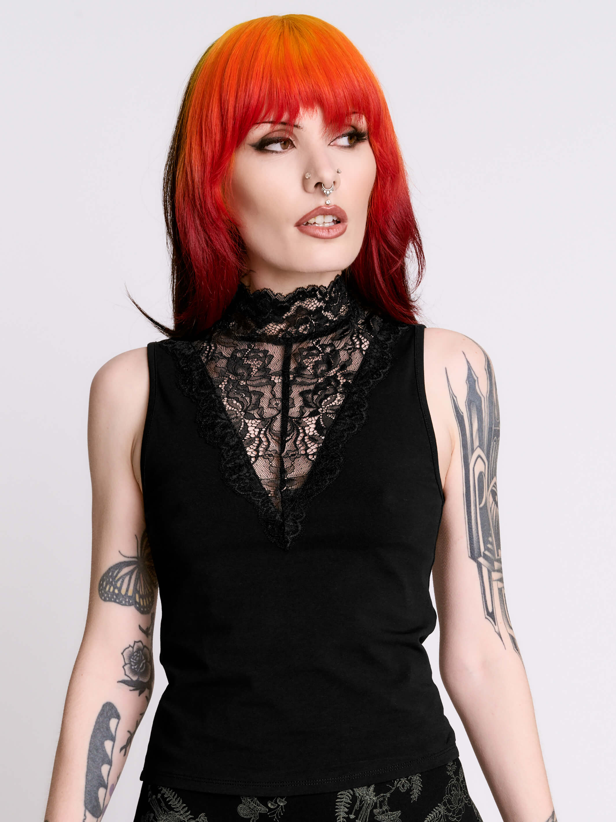 Black Lace Mock Neck Top – Romantic Goth Tank – Midnight Hour