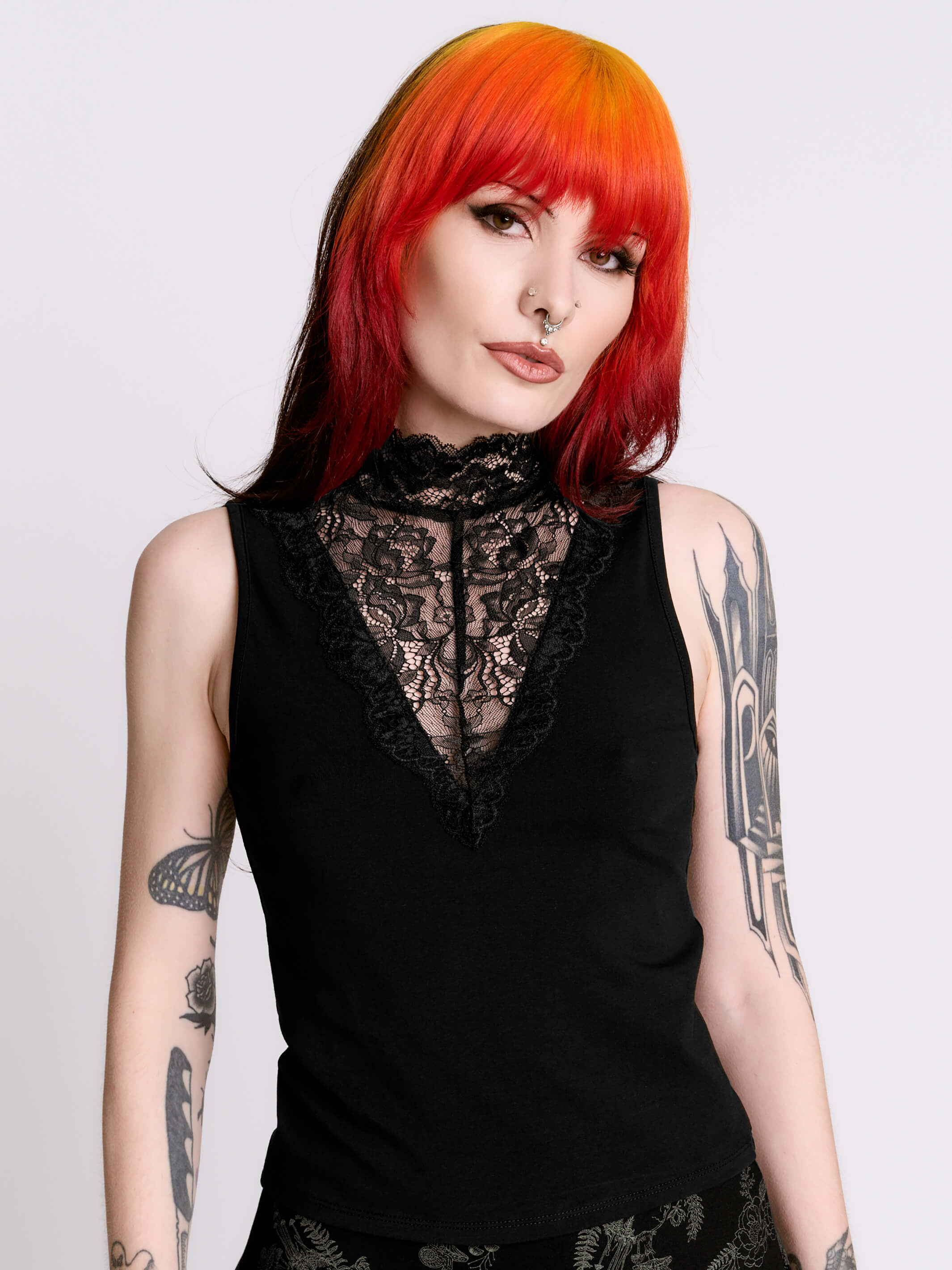 Black Lace Mock Neck Top – Romantic Goth Tank – Midnight Hour