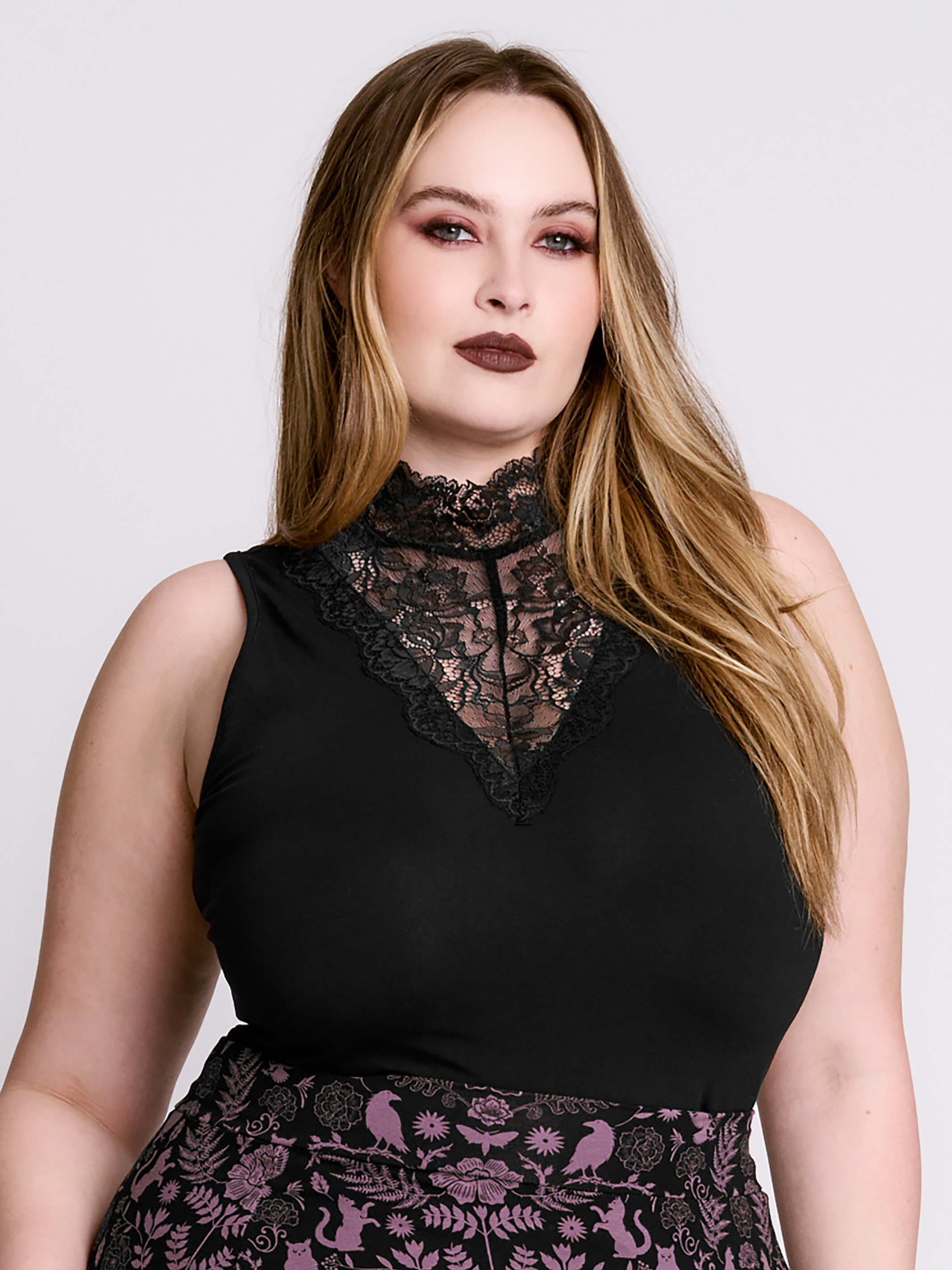Black Lace Mock Neck Top – Romantic Goth Tank – Midnight Hour
