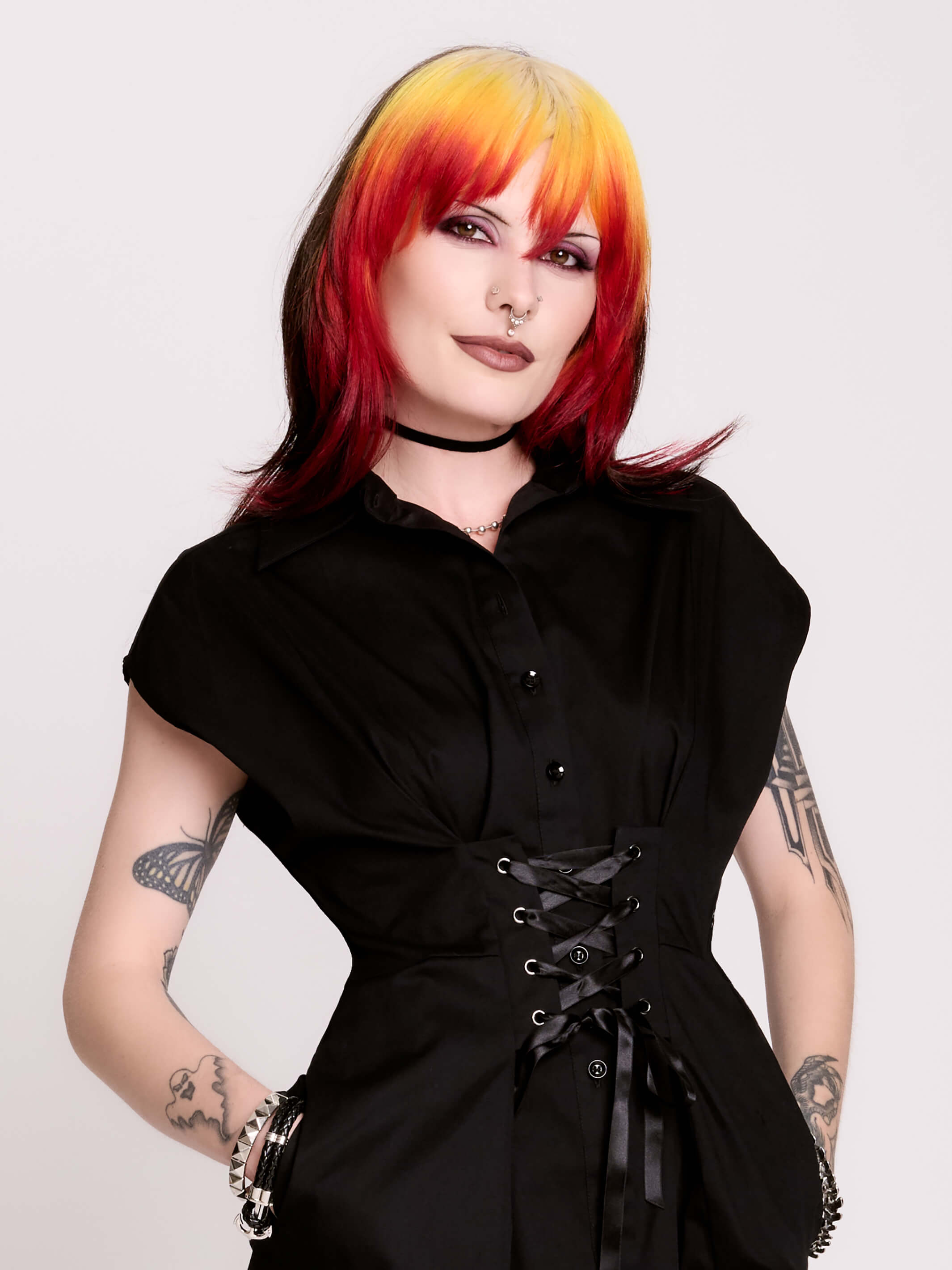 Corset Shirt Dress – Black Lace-Up Waist, Pockets & Stretch by Midnight Hour 2XL / Black Corset Shirt Dress – Black Lace-Up Waist, Pockets & Stretch by Midnight Hour 2XL / Black