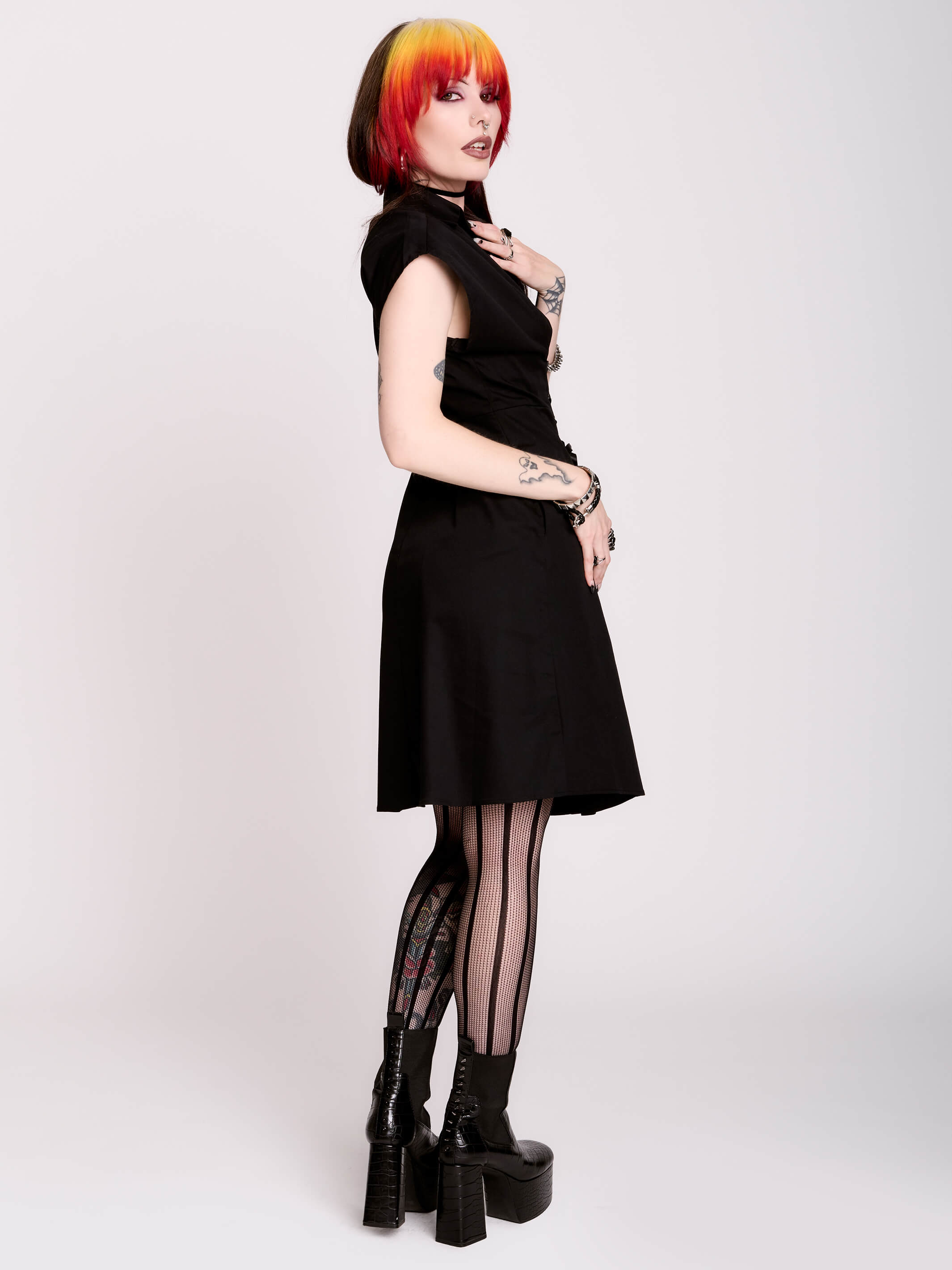 Corset Shirt Dress – Black Lace-Up Waist, Pockets & Stretch by Midnight Hour 2XL / Black