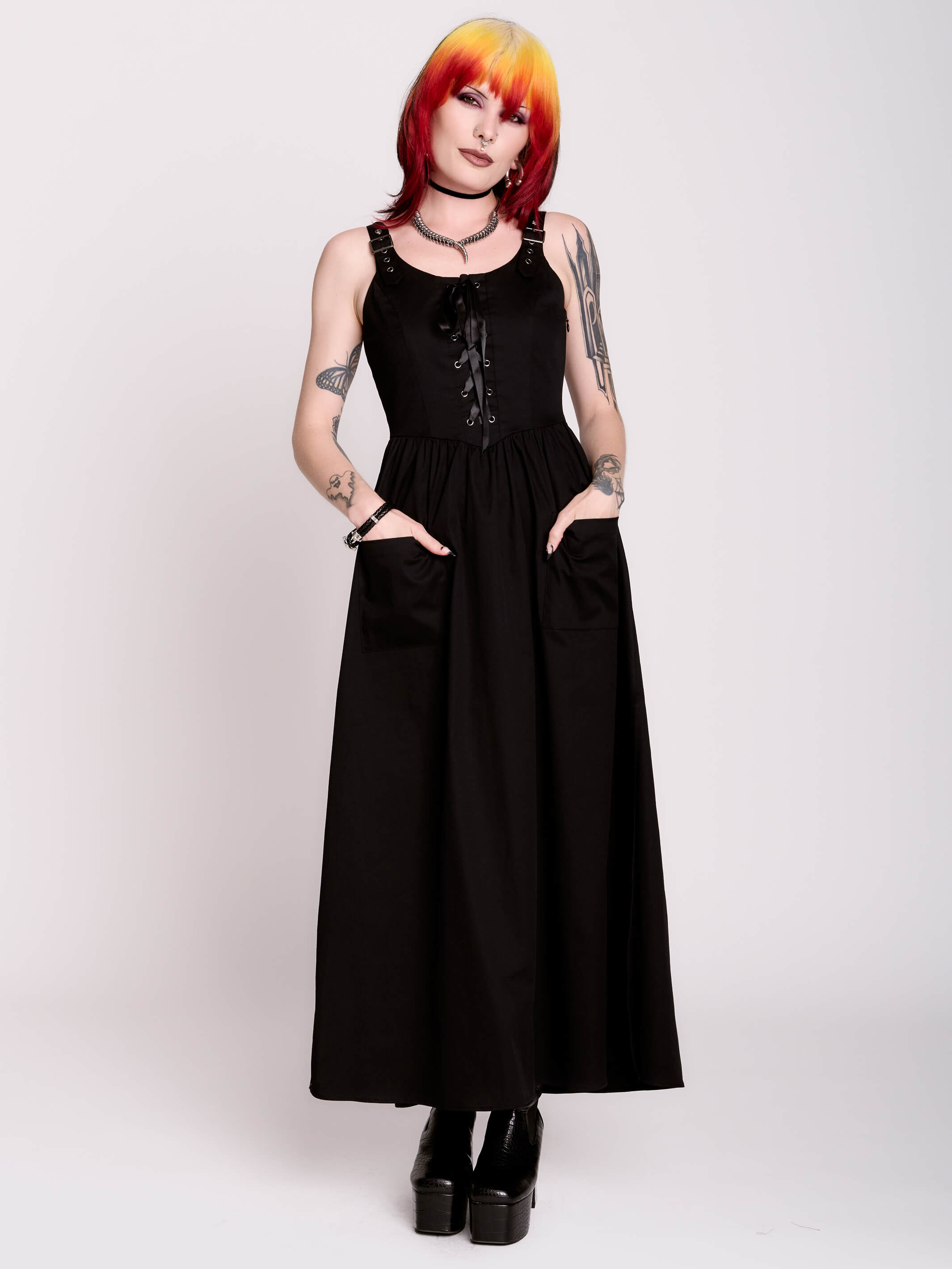 black sun dress Black Lace-Up Maxi Sundress w/ Pockets & Slits by Midnight Hour| Shop Now MD / Black