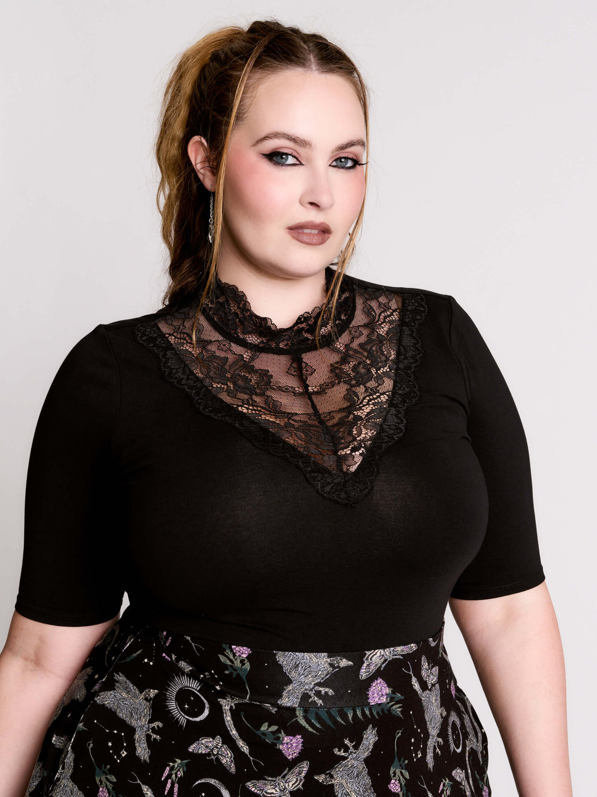 Victorian Lace Yoke Top by Midnight Hour – Black Mock Neck Gothic 