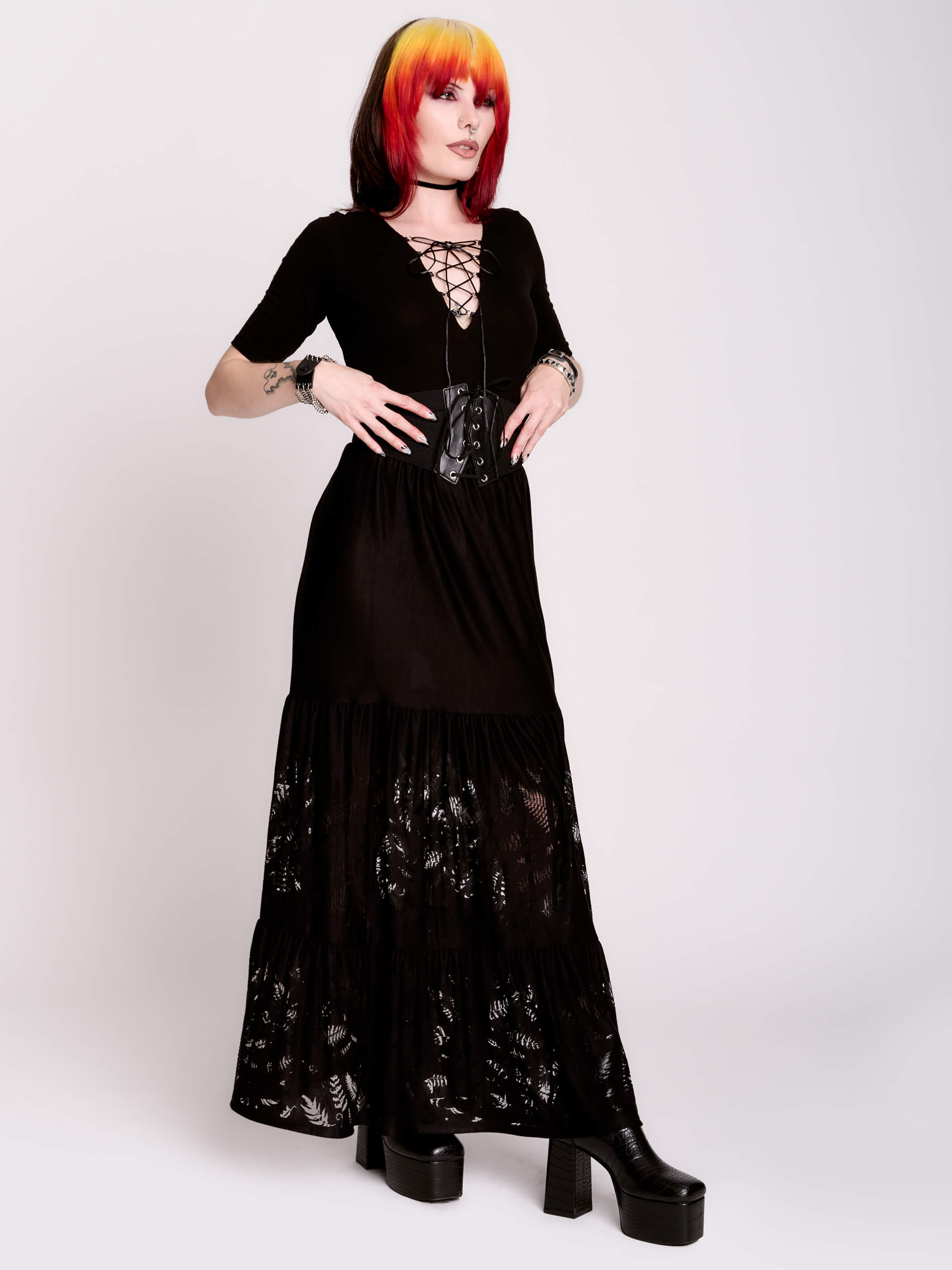 Black Lace-Up Rib Top | Deep V Gothic Tee | Midnight Hour