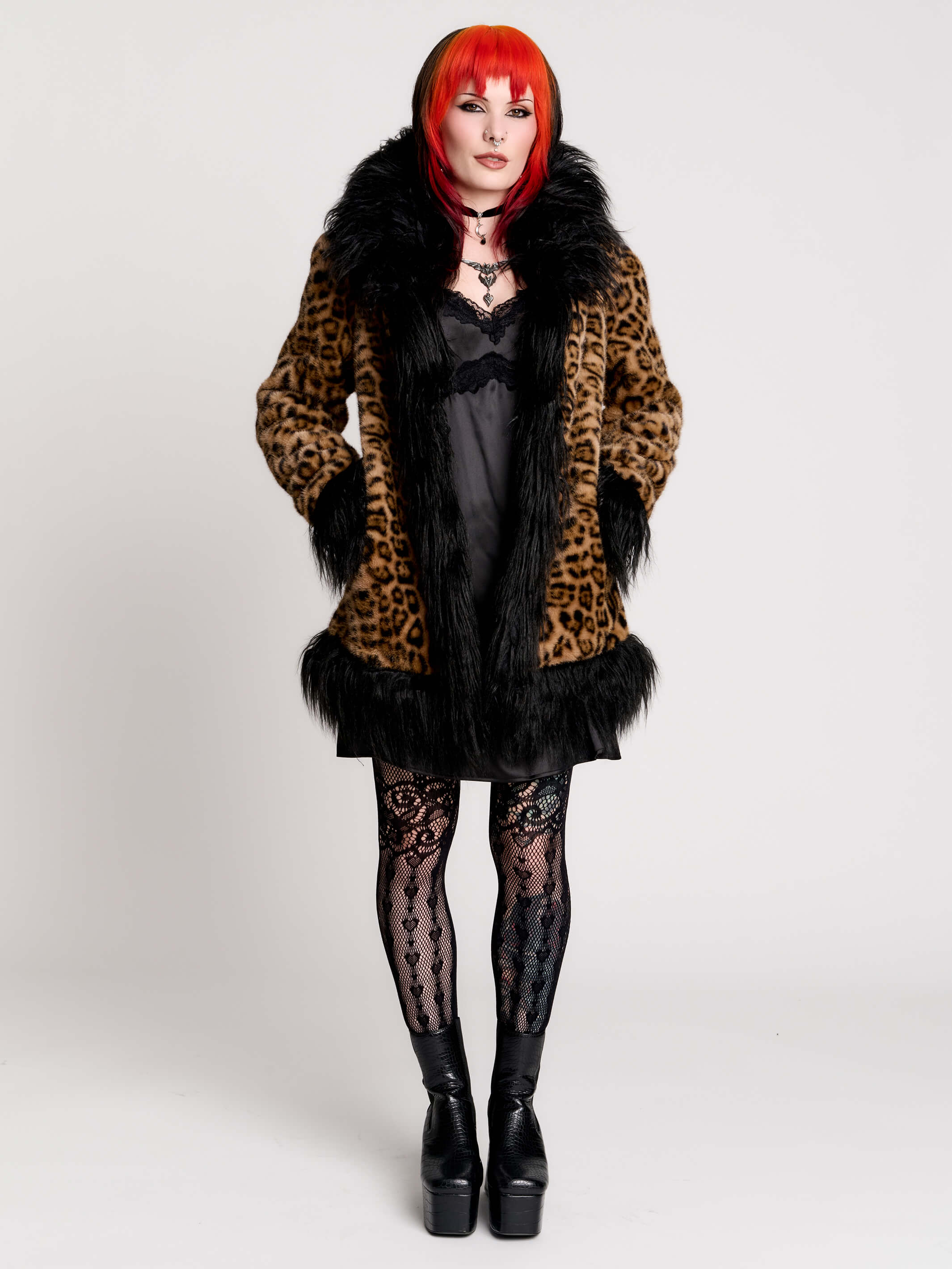 Leopard Faux Fur Coat w/ Black Trim by Midnight Hour | Fall