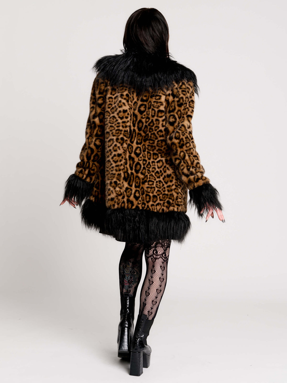 leopard print coat with black faux fur trim
