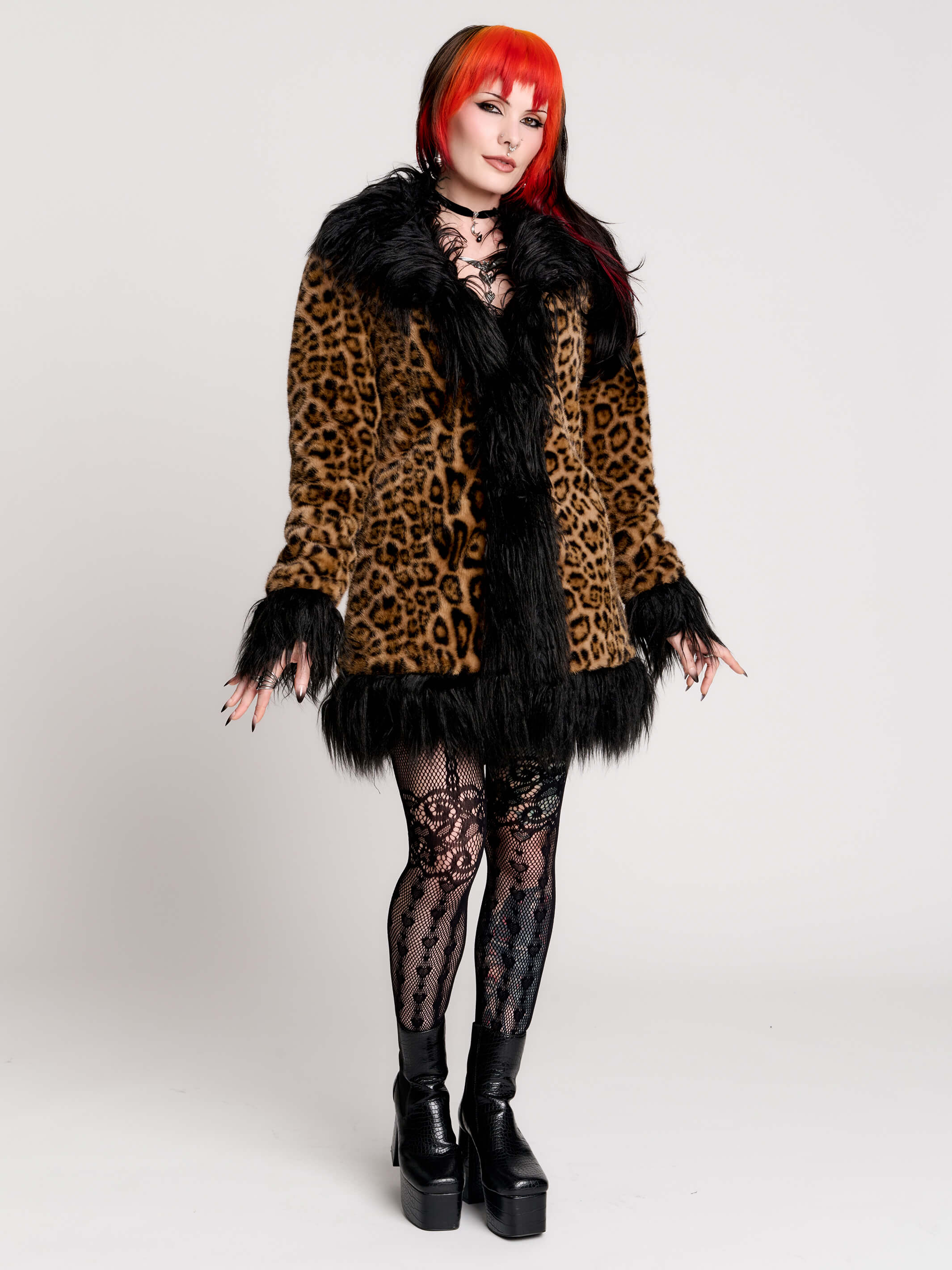 Leopard Faux Fur Coat w/ Black Trim by Midnight Hour | Fall