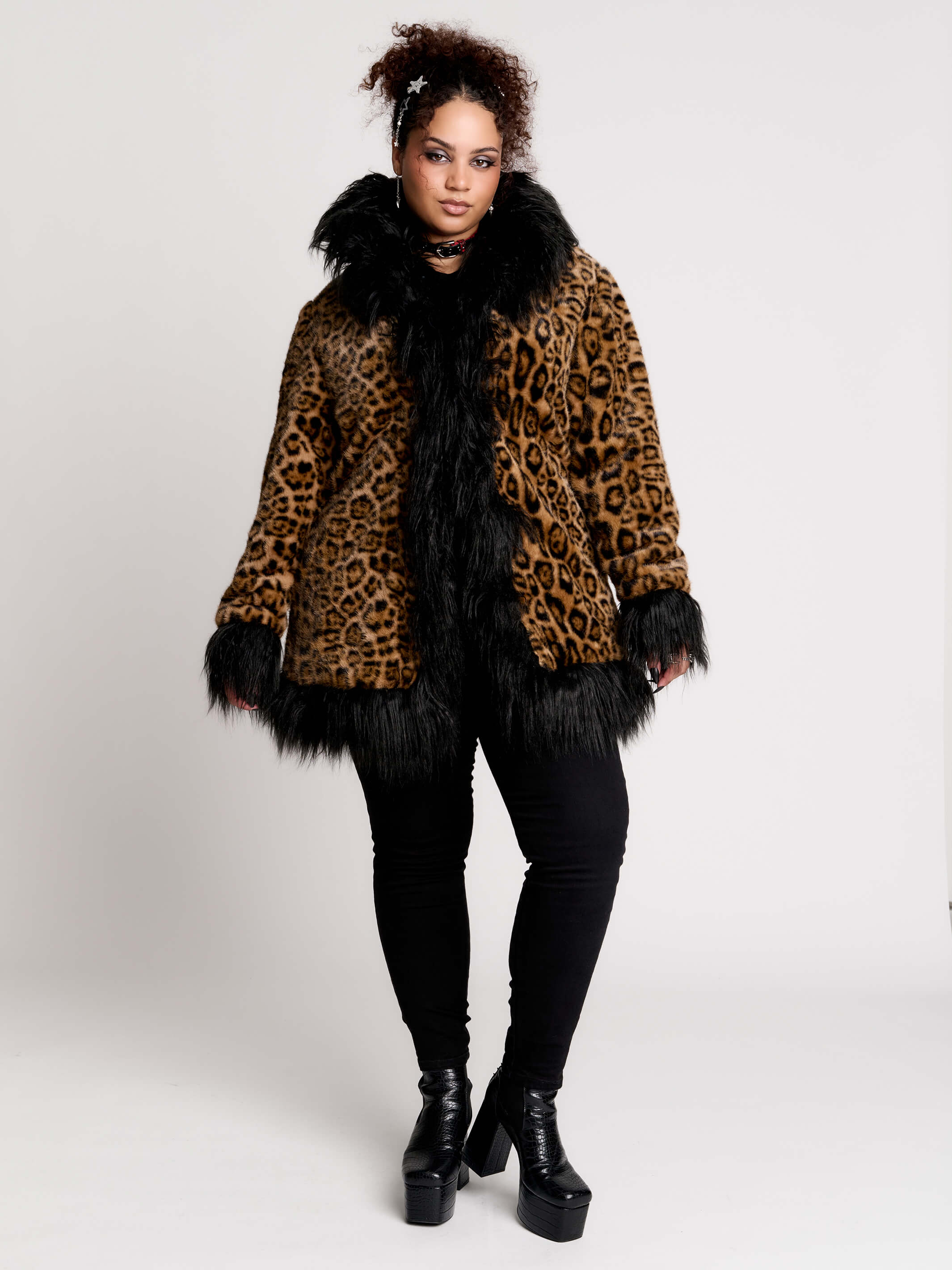 Xfrm leopard coated fur jacket 黒豹 V系 y2k Leopard Faux Fur Coat w/ Black Trim by Midnight Hour | Fall