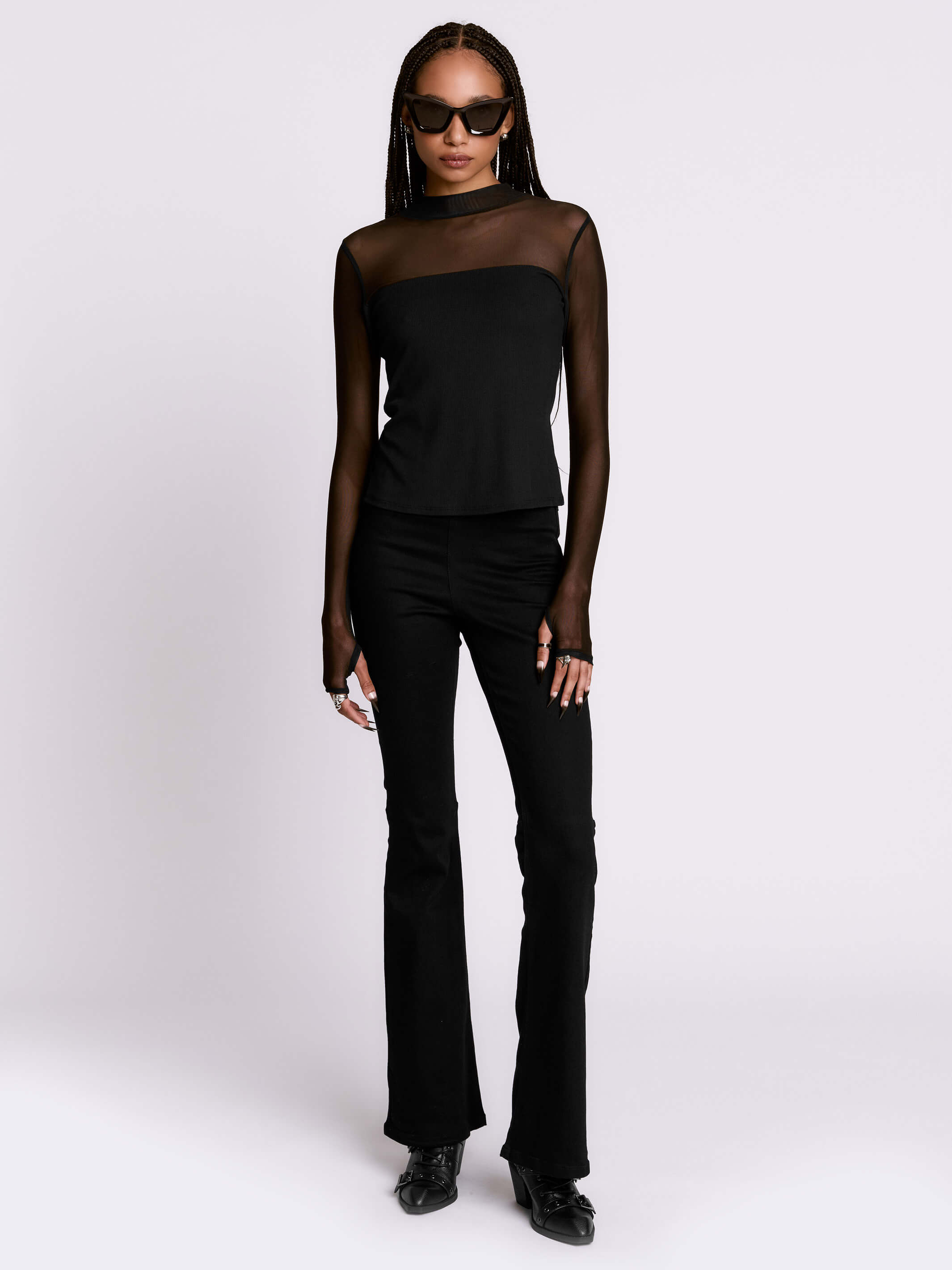 Matrix Top | Sheer Mesh Mock Neck Rib Top w/ Thumbholes – Midnight
