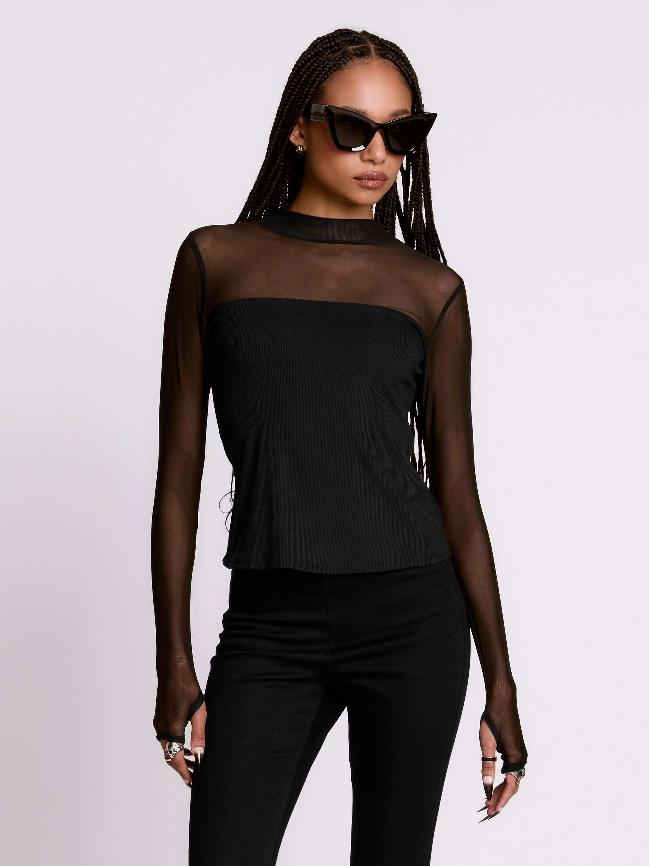 Matrix Top by Midnight Hour – Sheer Mesh Mock Neck Rib Top w