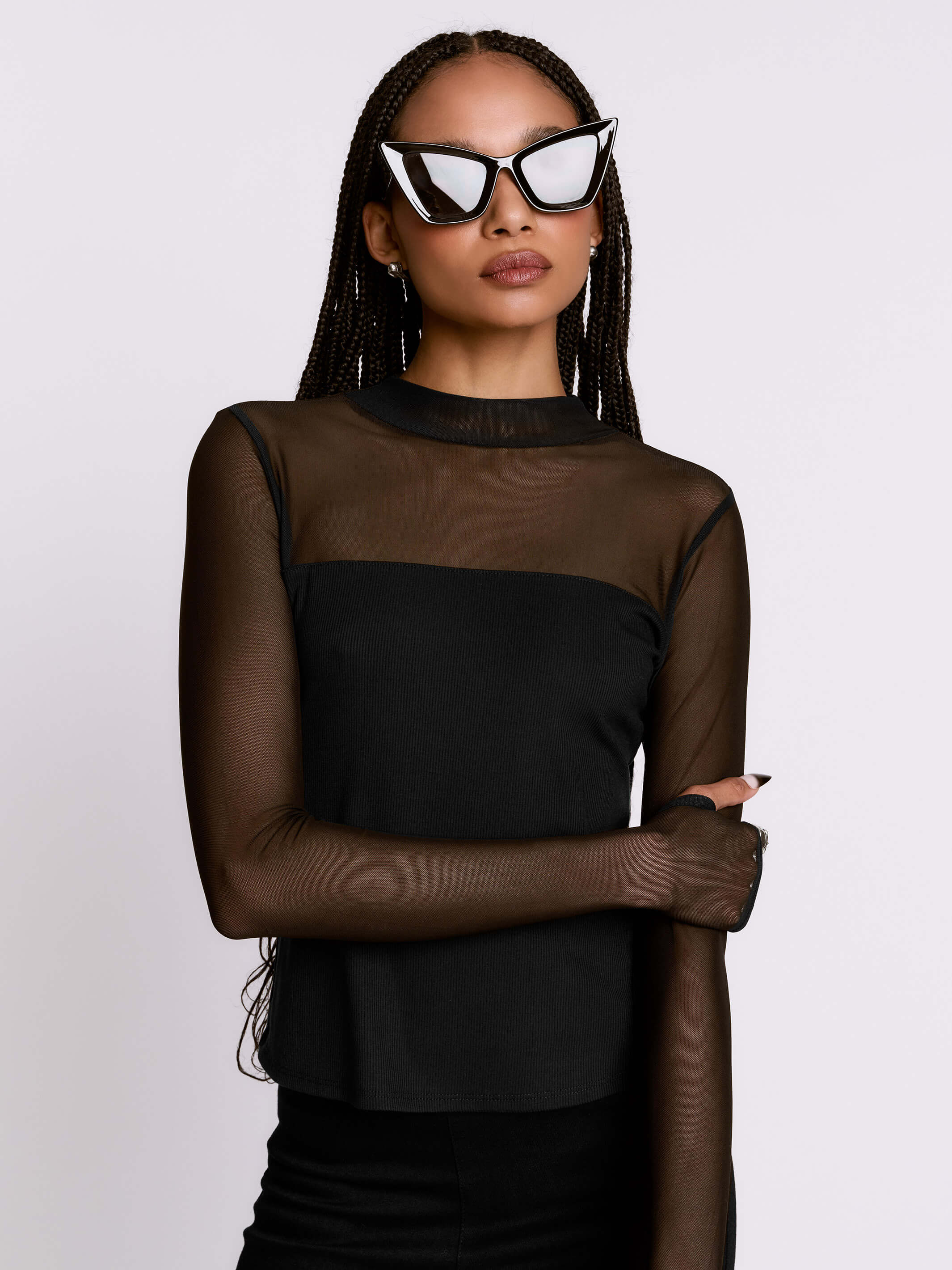 Matrix Top by Midnight Hour – Sheer Mesh Mock Neck Rib Top w