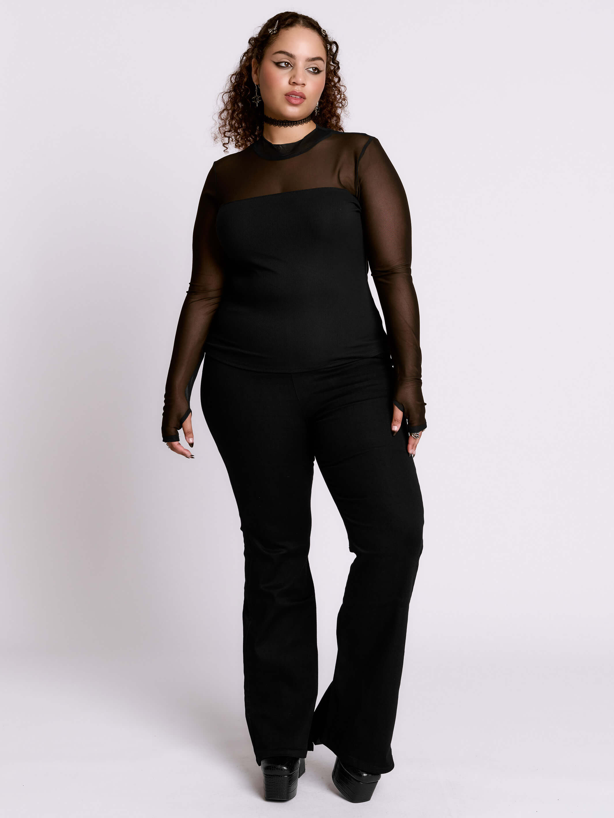 Matrix Top | Sheer Mesh Mock Neck Rib Top w/ Thumbholes – Midnight