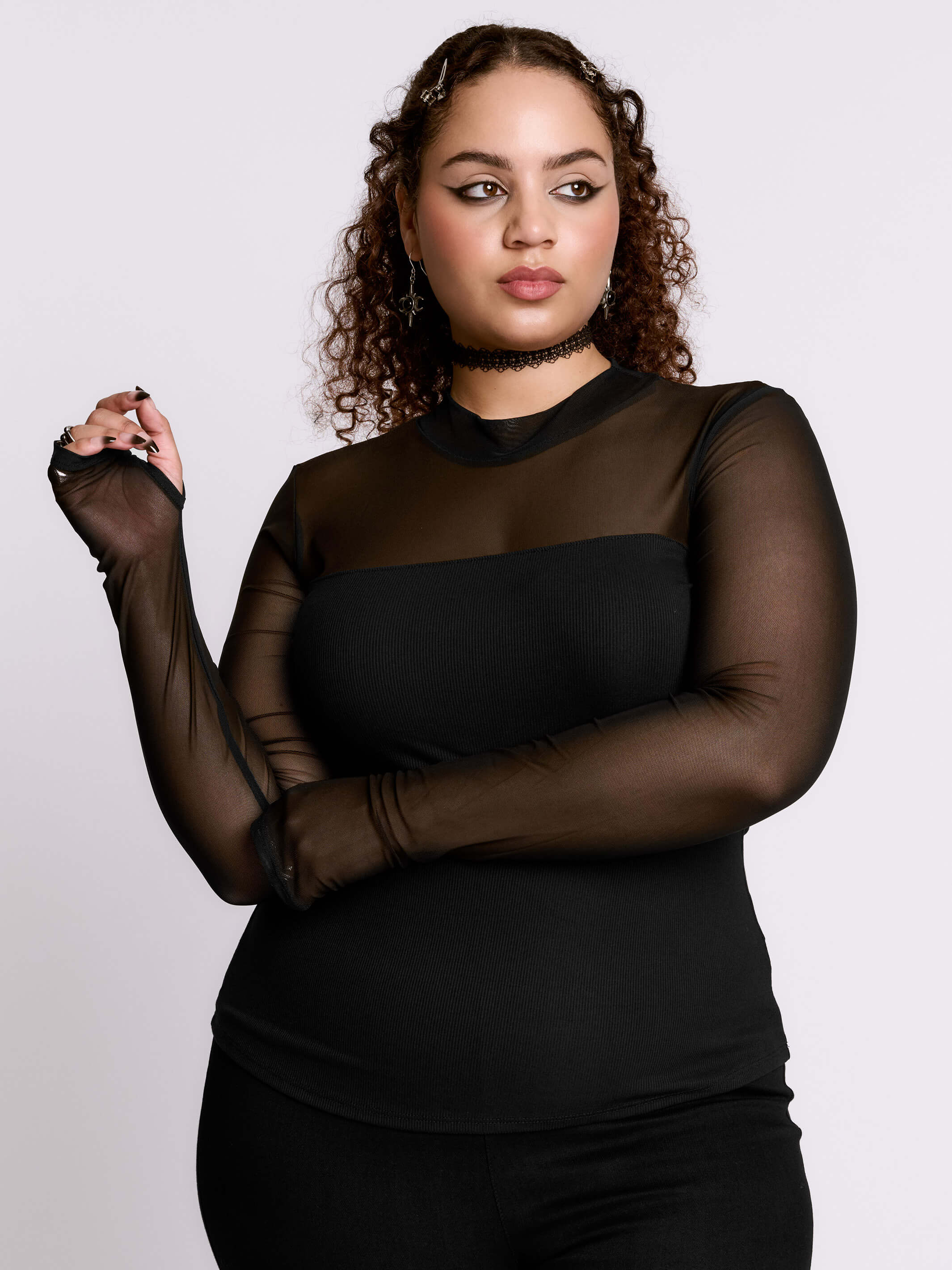 Matrix Top by Midnight Hour – Sheer Mesh Mock Neck Rib Top w