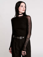  black long-sleeve top with sheer mesh sleeves