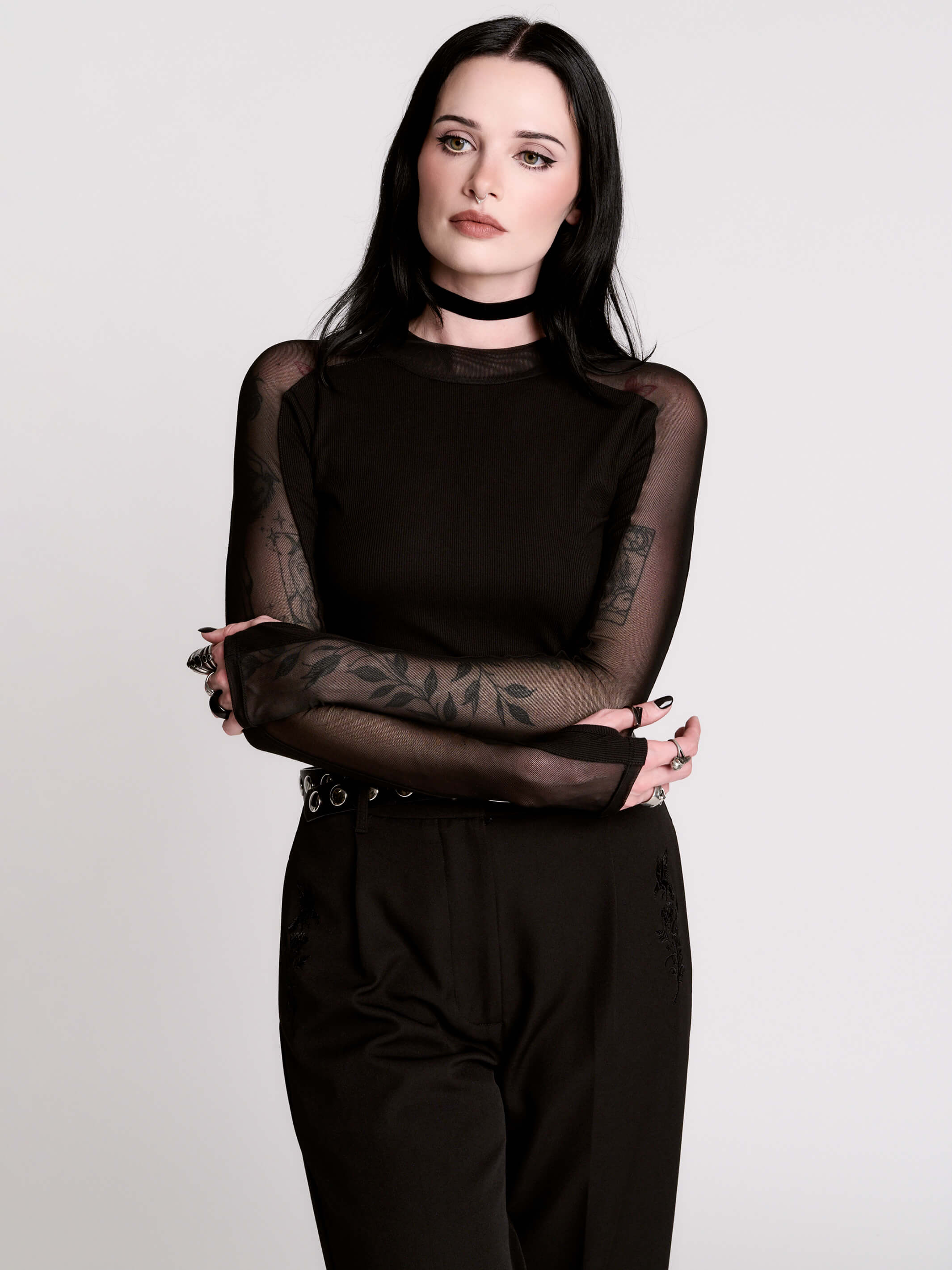 Mesh Stripe Long Sleeve Top | Sheer Sleeve Gothic Top – Midnight Hour