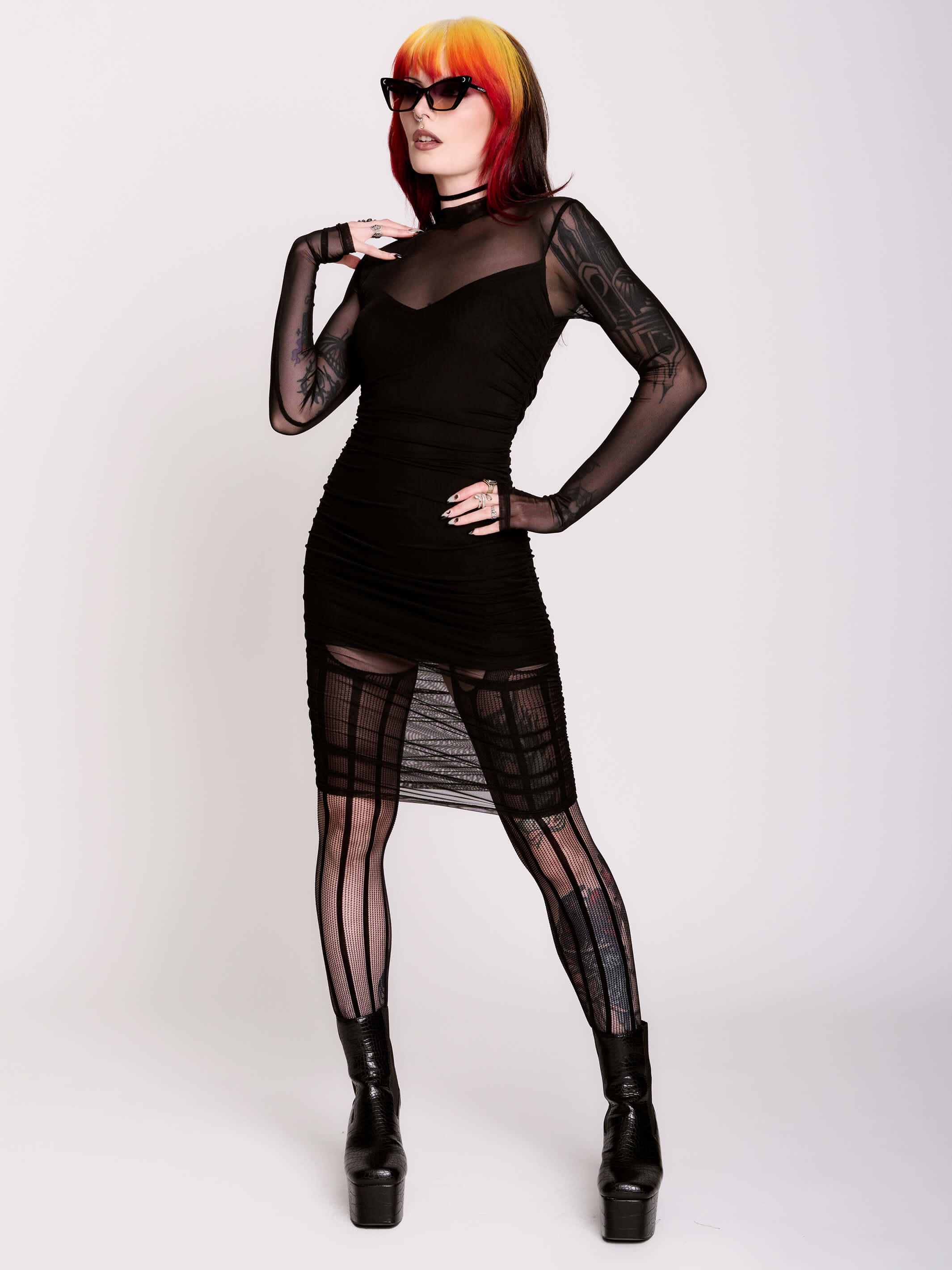 midi dress and tights Long sleeve midi dress + tights + flats