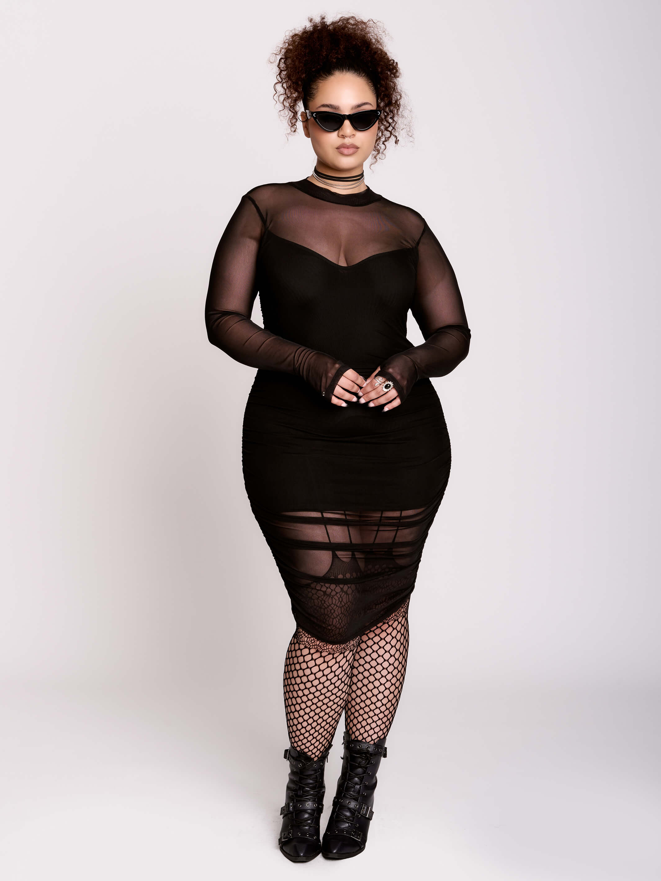 Black Mesh Bodycon Midi Dress w/ Thumbholes by Midnight Hour