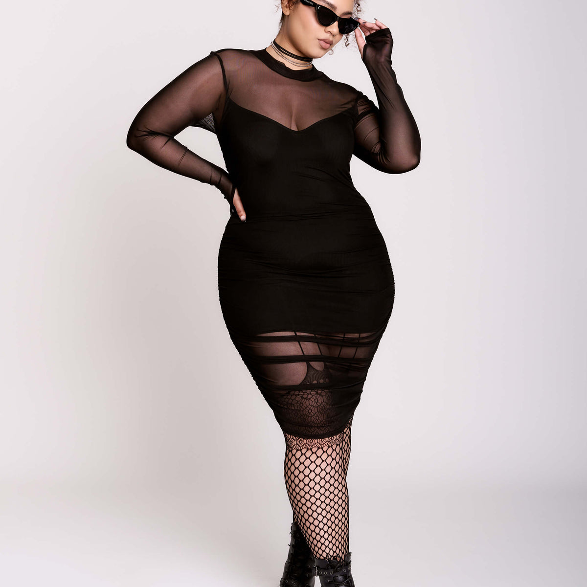 Black Mesh Bodycon Midi Dress w/ Thumbholes by Midnight Hour