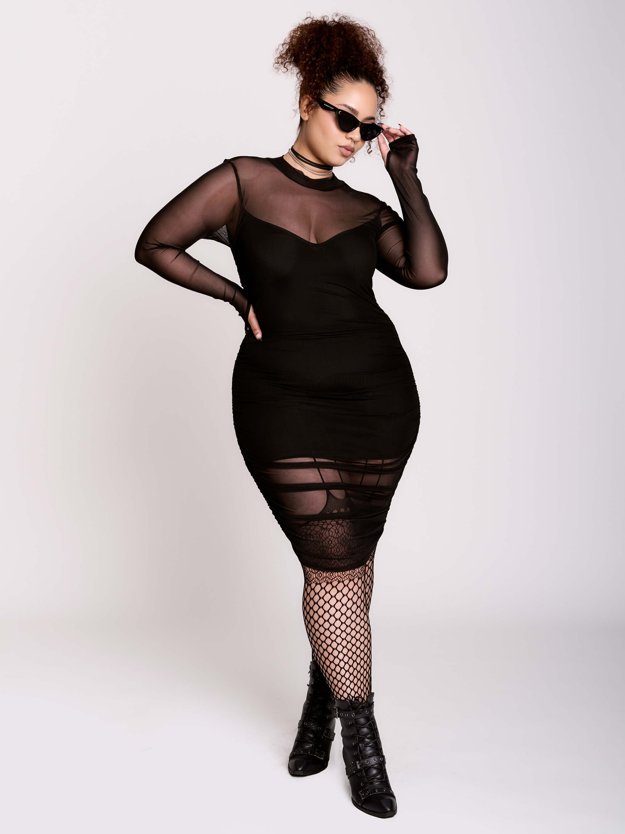 Black Mesh Bodycon Midi Dress w/ Thumbholes by Midnight Hour