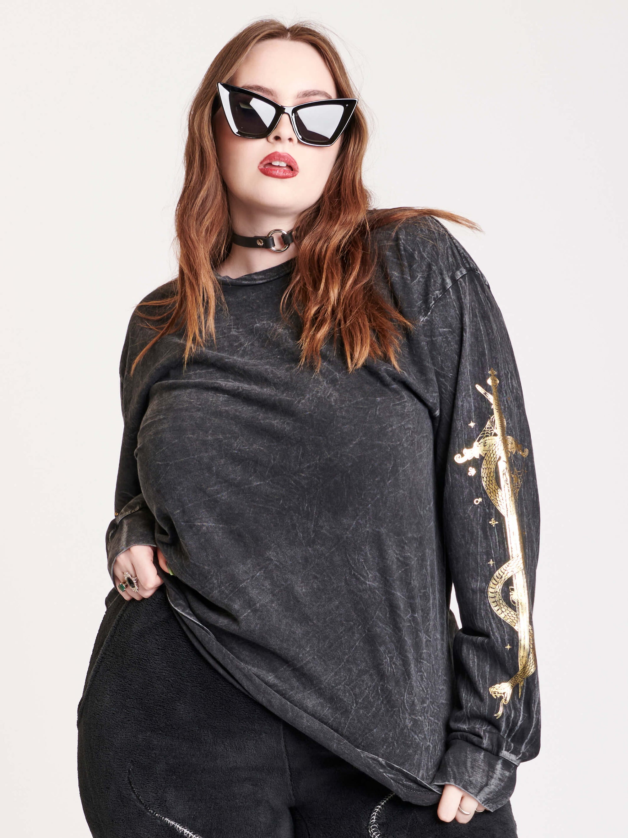 mineral wash long sleeve top with gold dagger and snake on sleeves