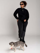 black fuzzy faux-fur mock-neck sweater
