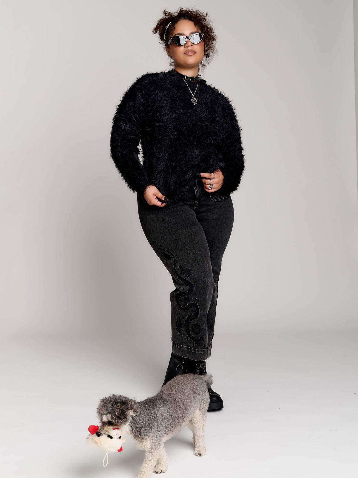 black fuzzy faux-fur mock-neck sweater