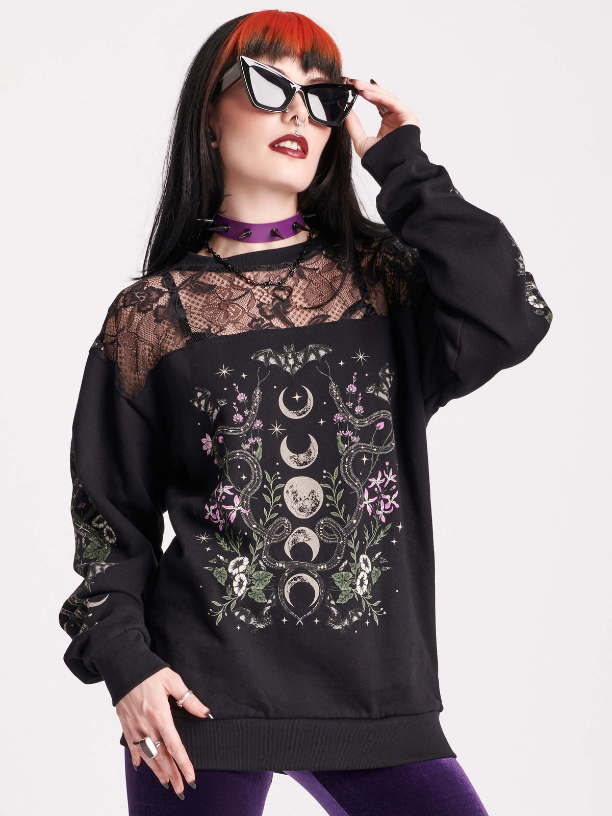 LACE DETAIL SWEATER WITH PRINT