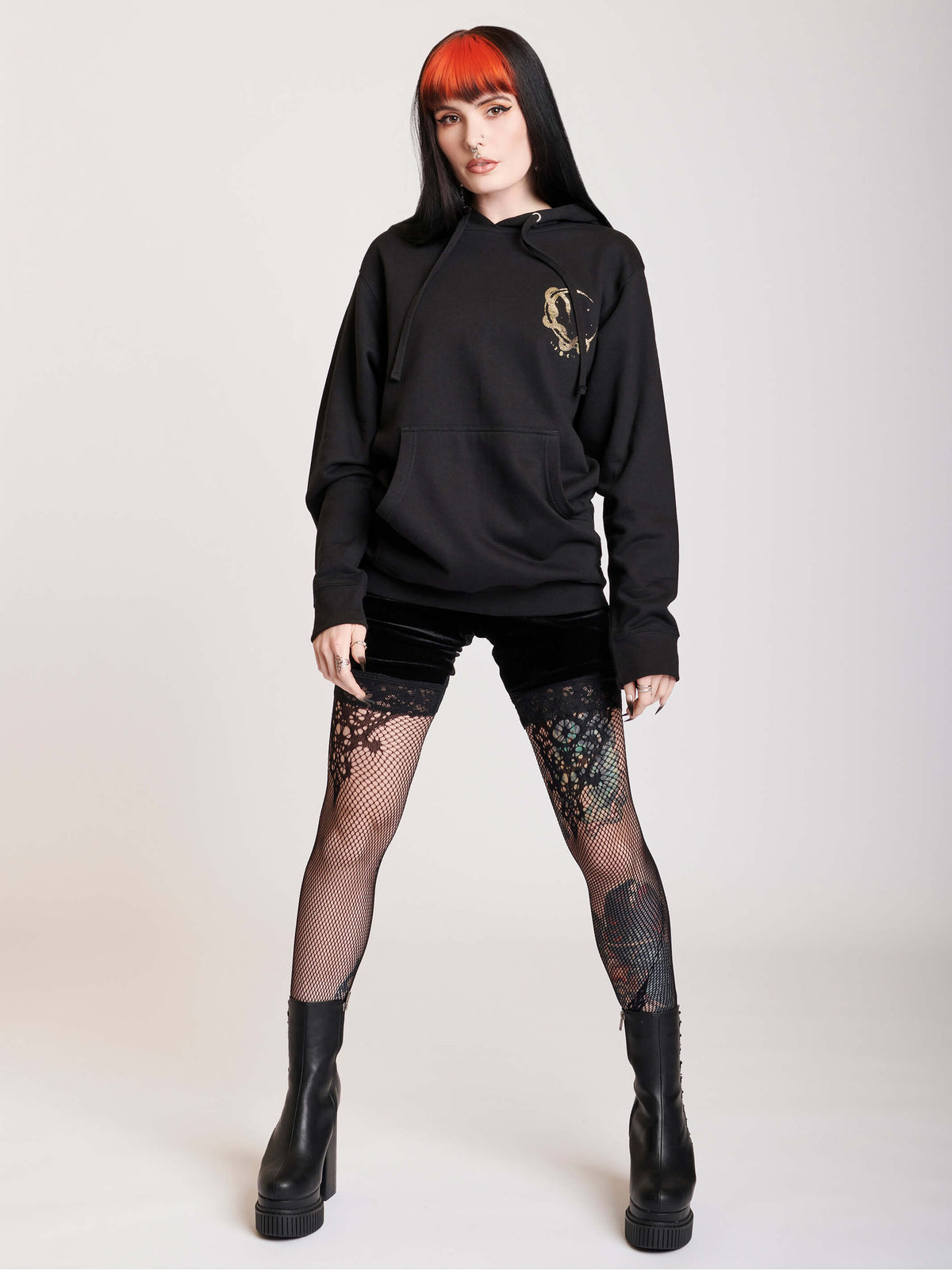 Black hoodie with gold moon tarot card graphic