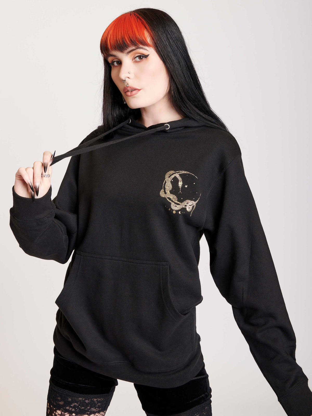 Black hoodie with gold moon tarot card graphic
