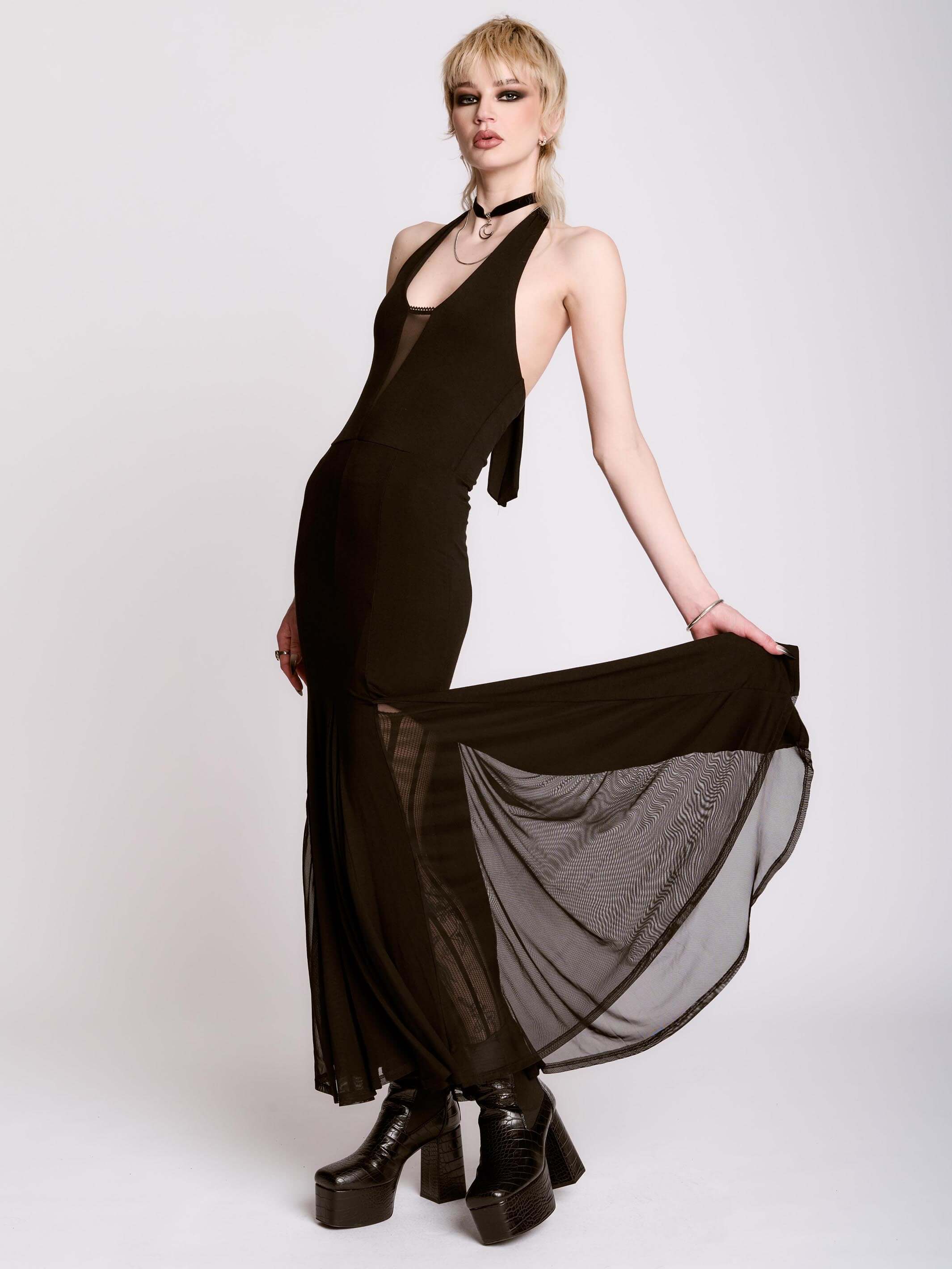 Mortisha Dress Black Halter Maxi Dress with Mesh Inset 2XL / Black Mortisha Dress Black Halter Maxi Dress with Mesh Inset 2XL / Black