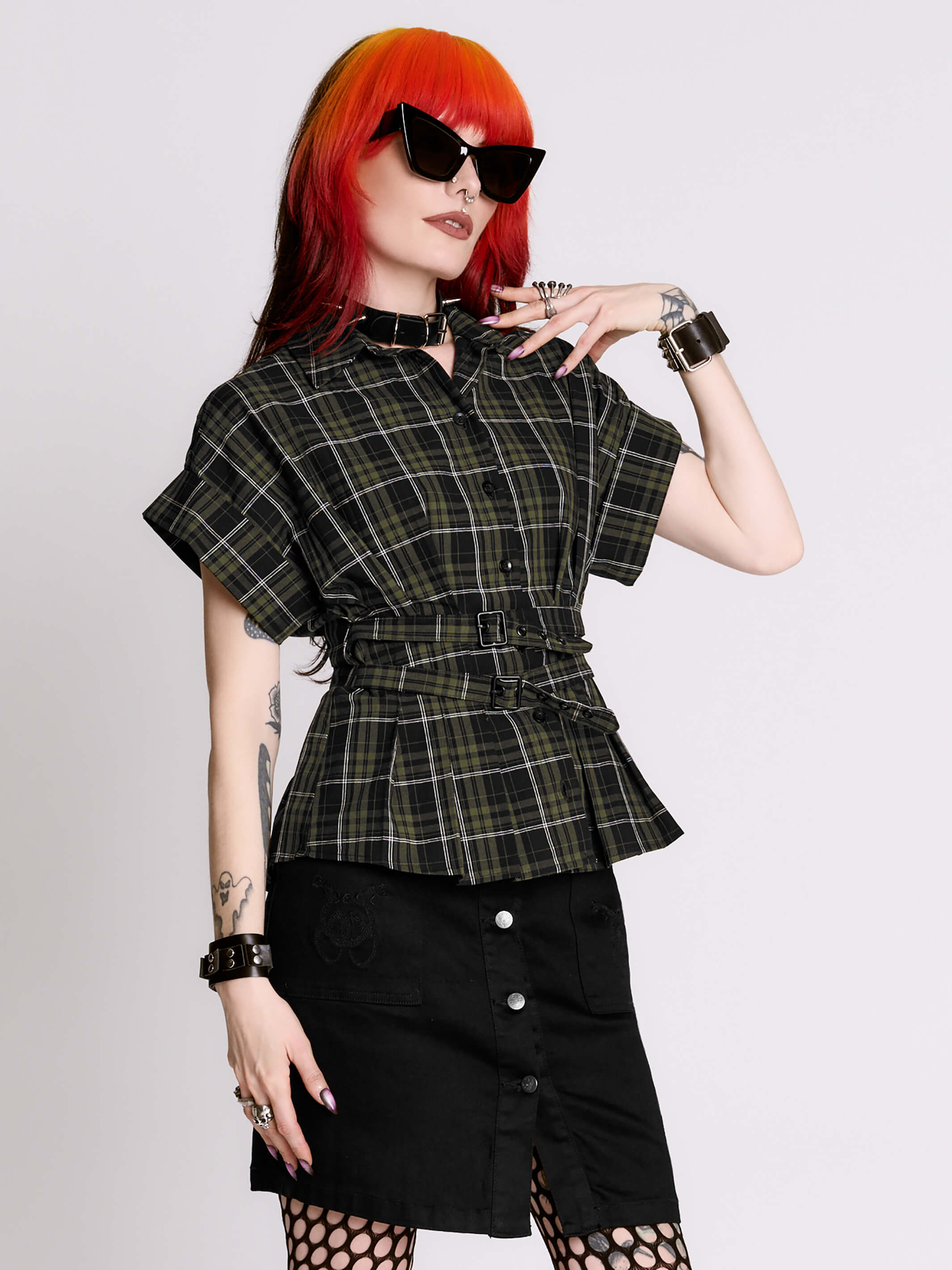 Moss Cadet Shirt By Midnight Hour | Womens Gothic Plaid Work Shirt