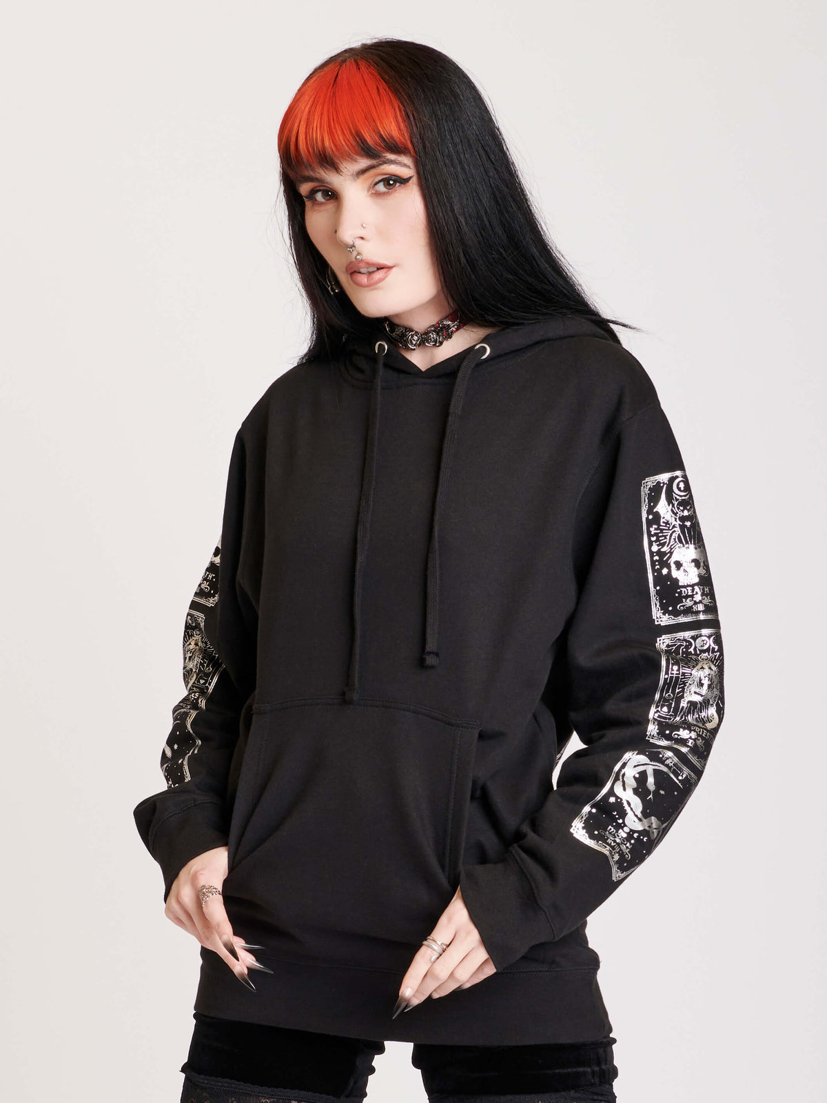 Black hoodie with silver high priestess back and arm graphics