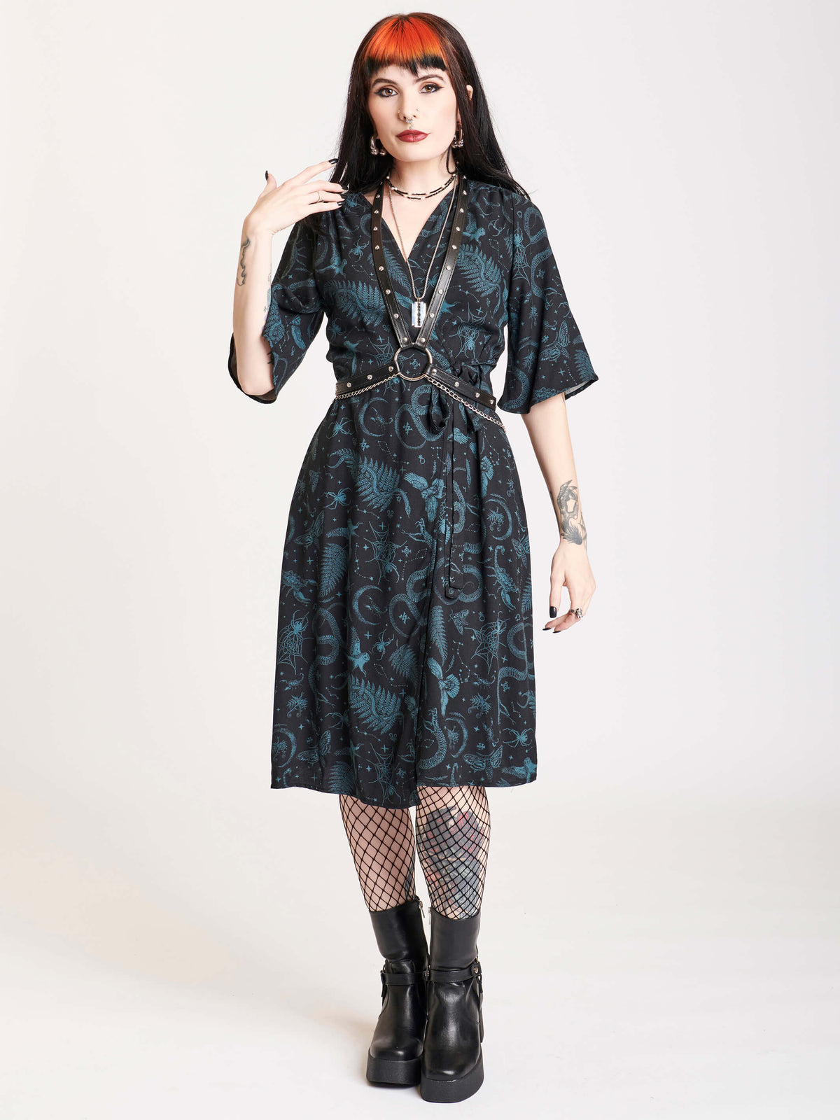 Wrap dress with black and green all over print