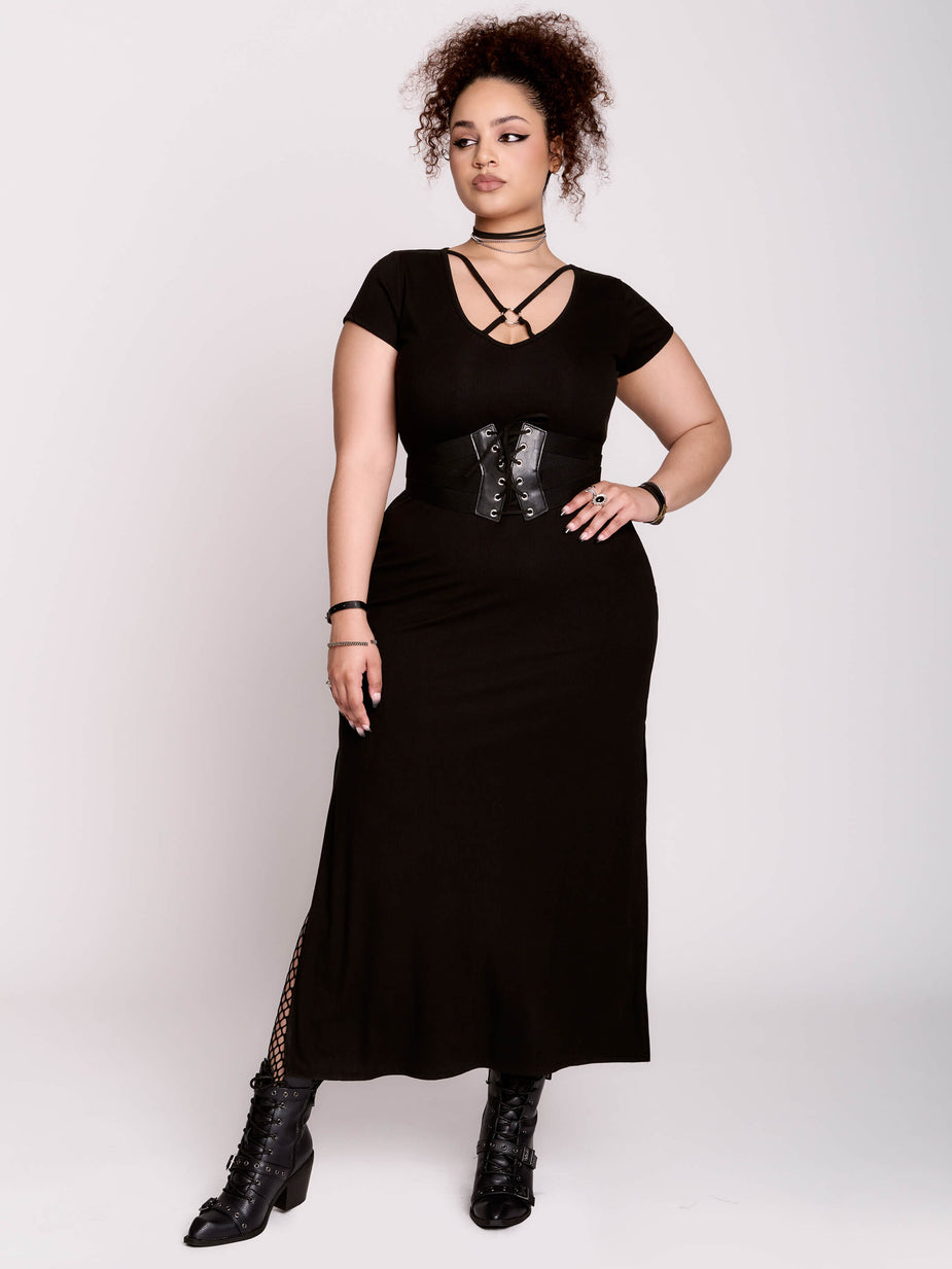 knee length dresses for ladies Gothic Lilith Maxi Dress by Restyle with Harness and Mesh Skirt