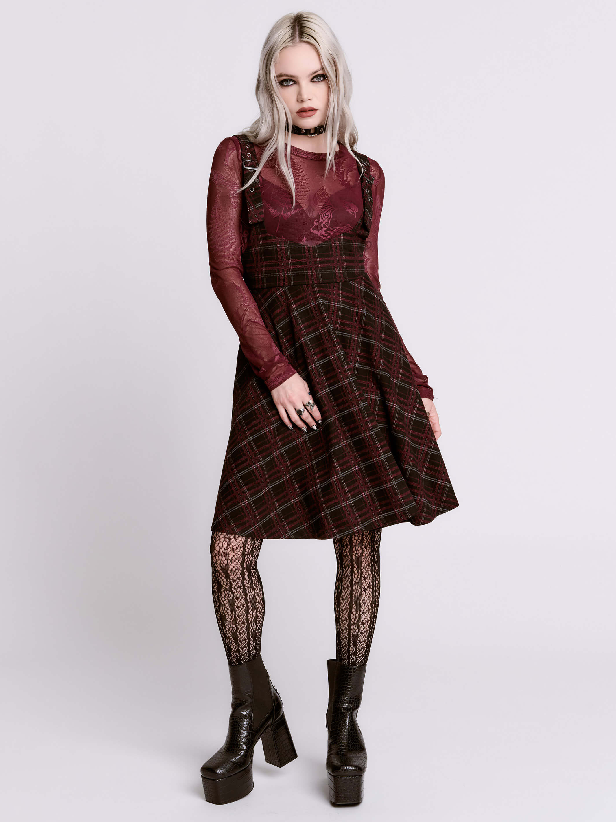 ハーリップトゥ　Classic Plaid Jumper Dress Oxblood Plaid Jumper Dress – Gothic Prep Pinafore w/ Pockets by