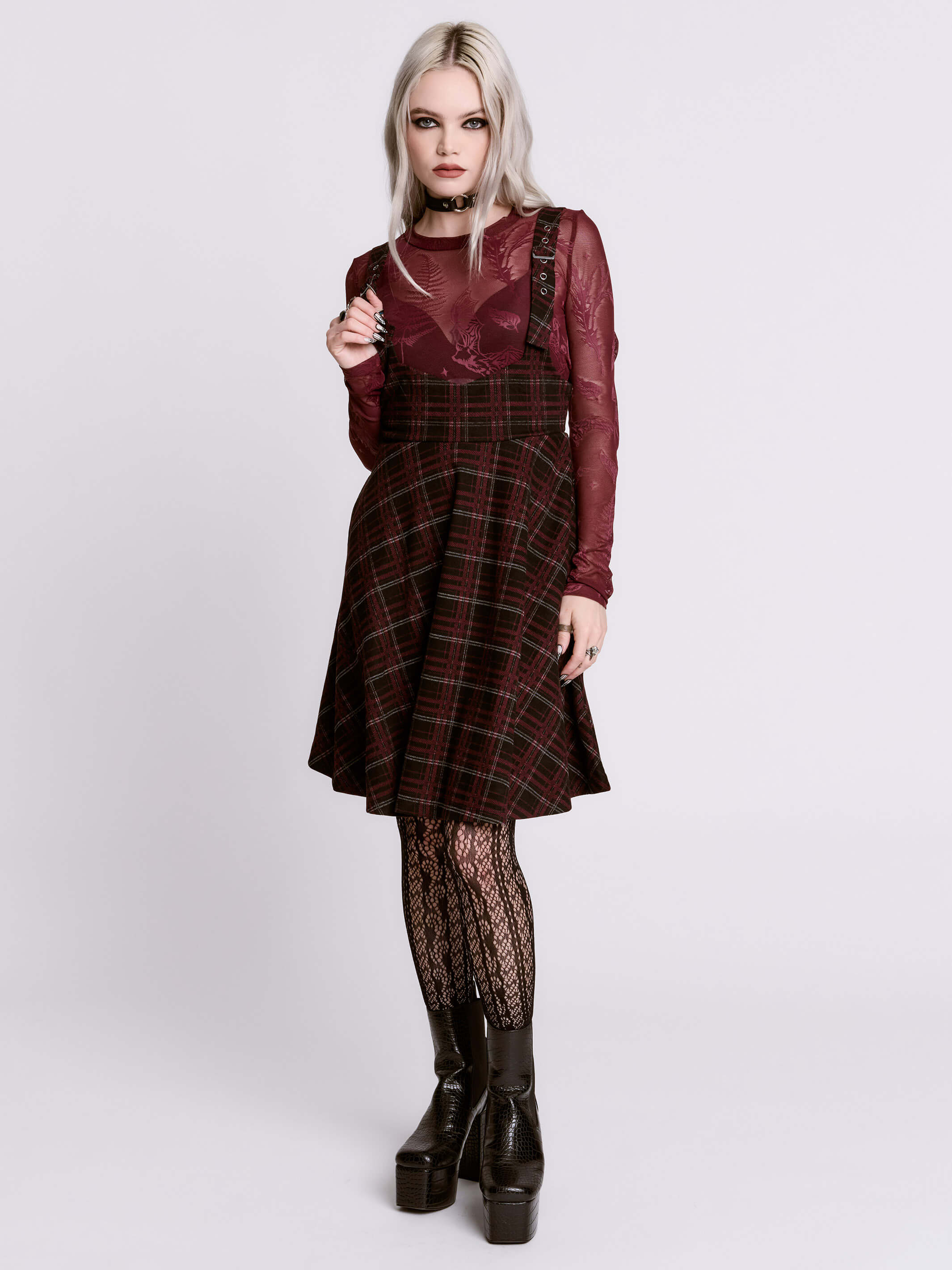 Oxblood Plaid Jumper | Gothic Prep Pinafore Dress w/ Pockets