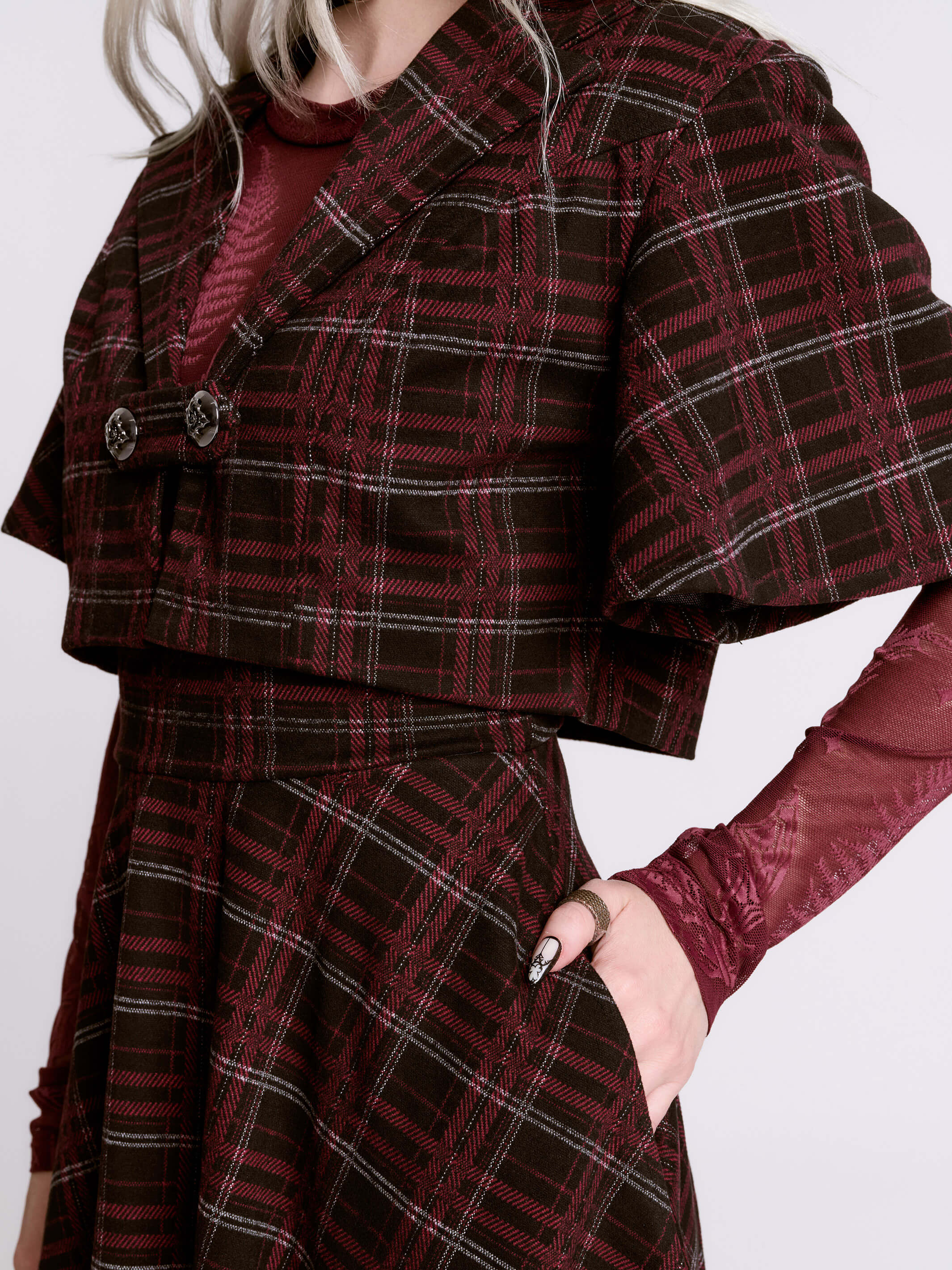 美品♡ classic plaid jumper dress Oxblood Plaid Jumper Dress – Gothic Prep Pinafore w/ Pockets by